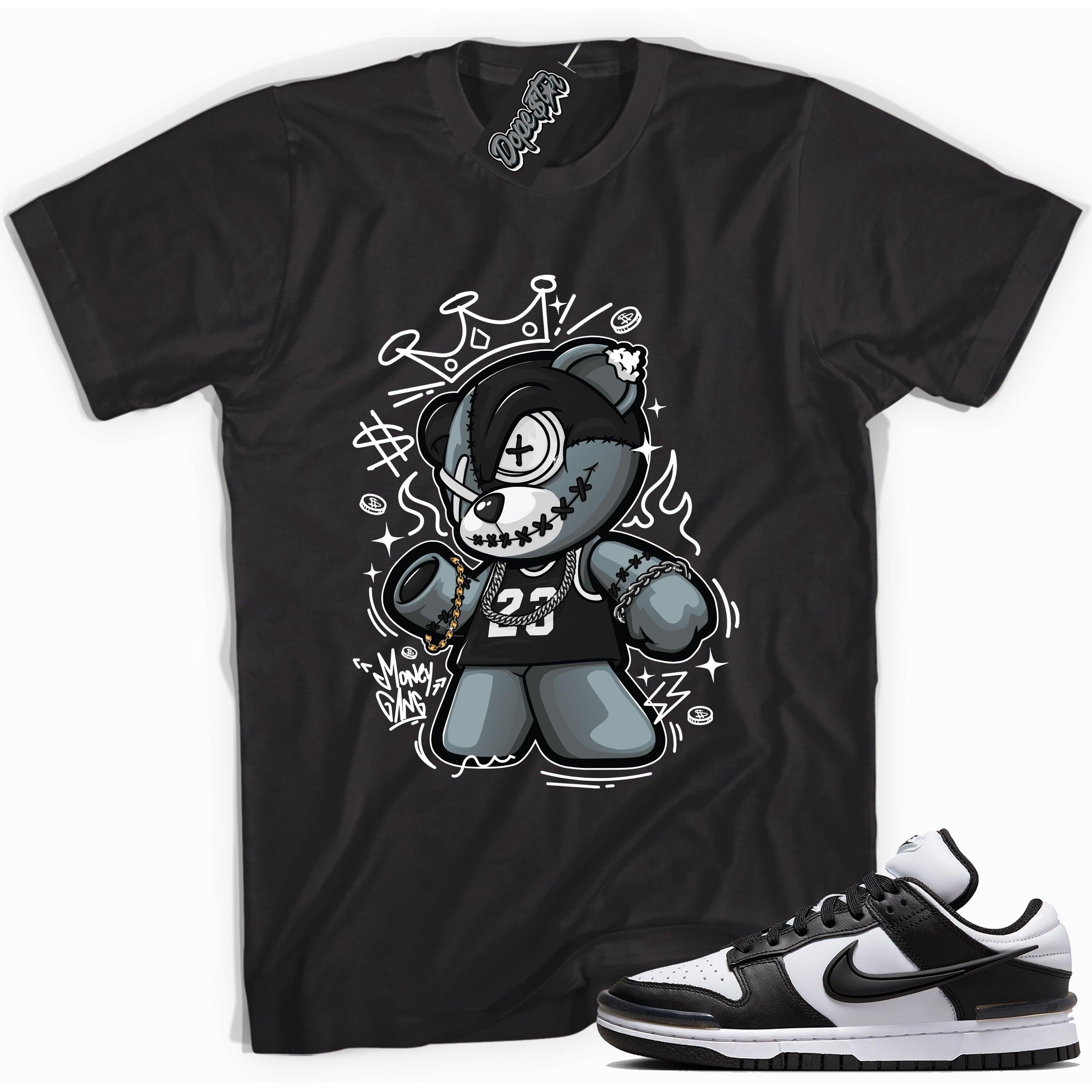 Cool black graphic tee with 'money gang bear' print, that perfectly matches Nike Dunk Low Twist Panda sneakers.