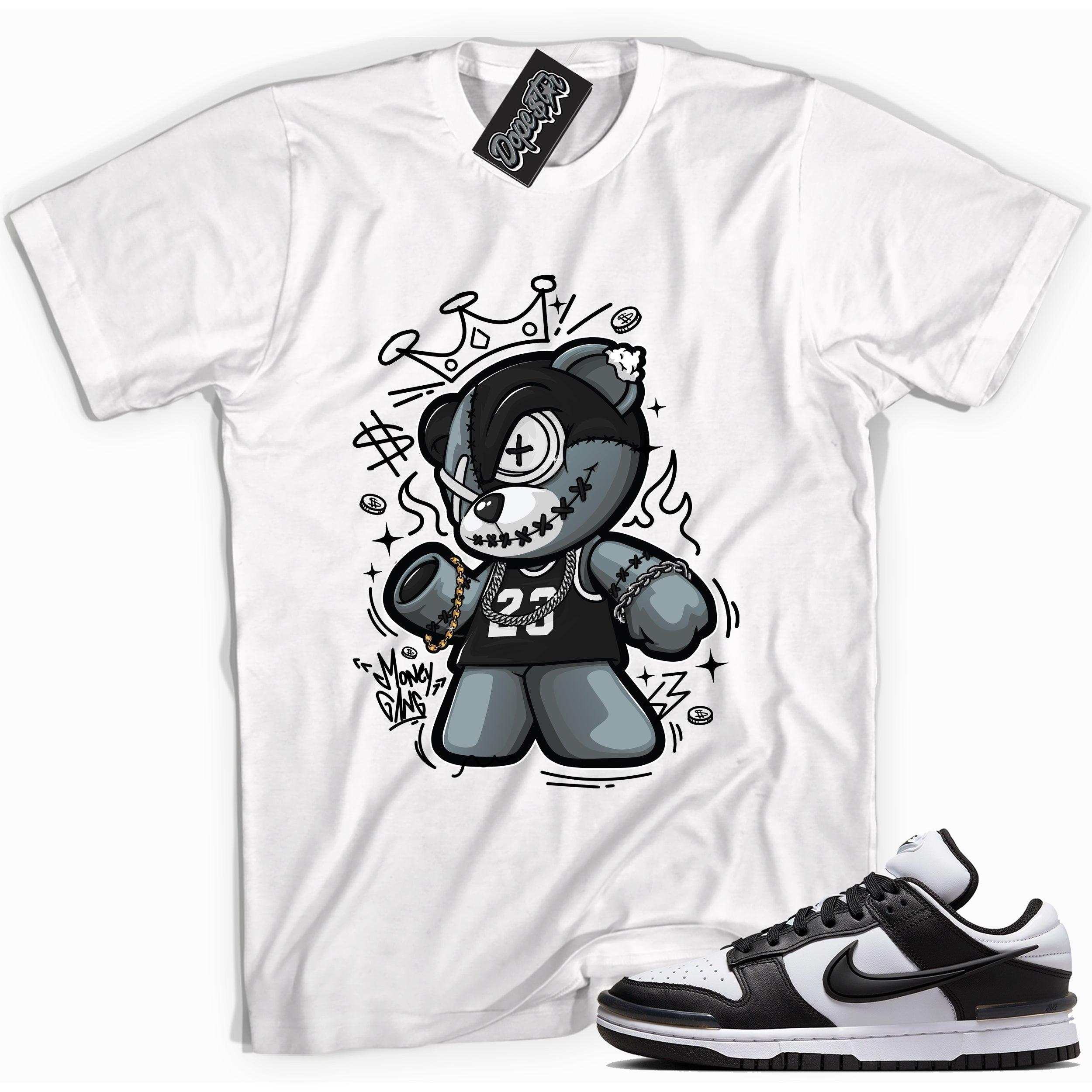 Cool white graphic tee with 'money gang bear' print, that perfectly matches Nike Dunk Low Twist Panda sneakers.