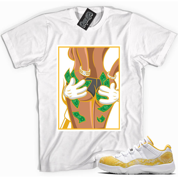 Cool white graphic tee with 'hands full' print, that perfectly matches Air Jordan 11 Retro Low Yellow Snakeskin sneakers