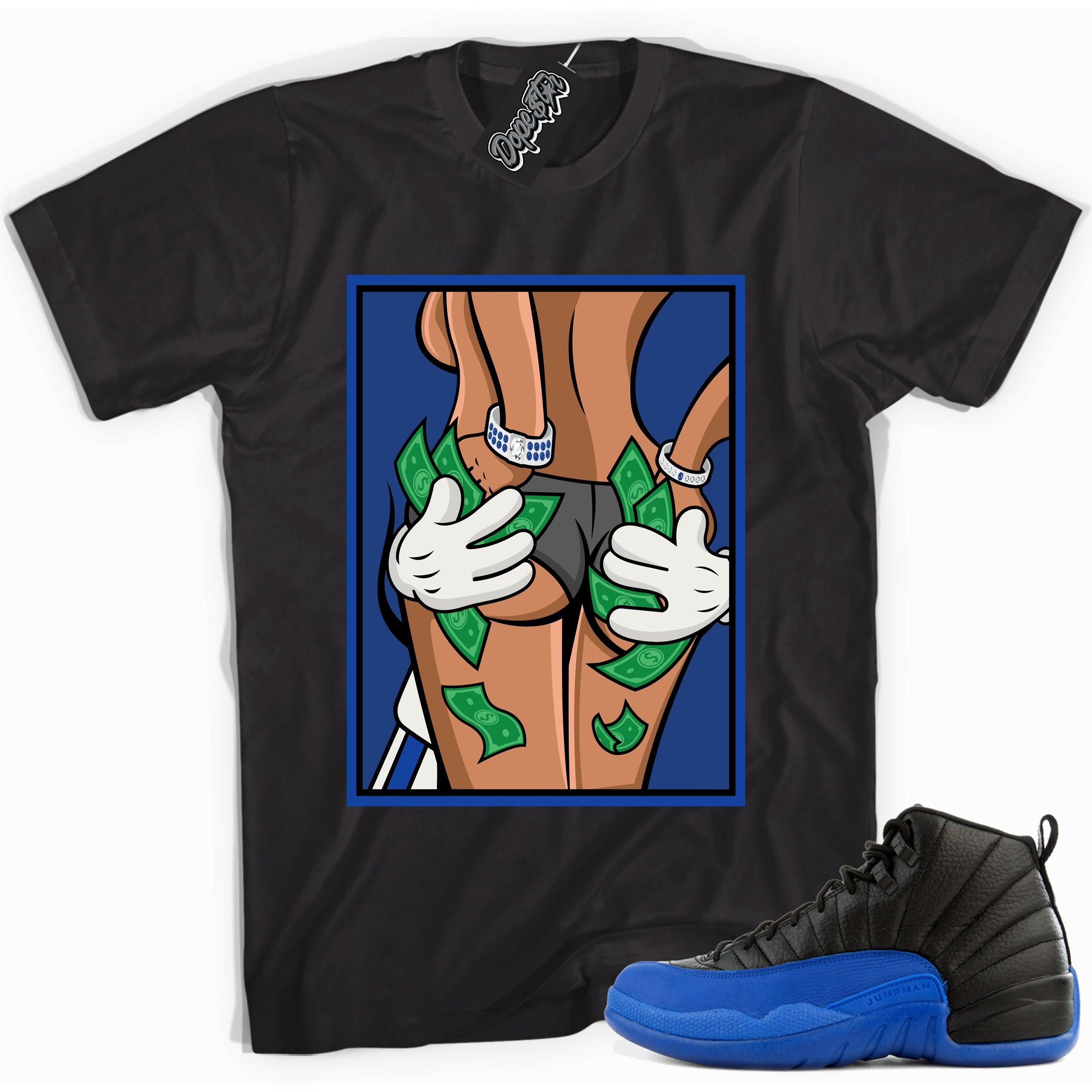 Cool black graphic tee with 'hands full' print, that perfectly matches  Air Jordan 12 Retro Black Game Royal sneakers.