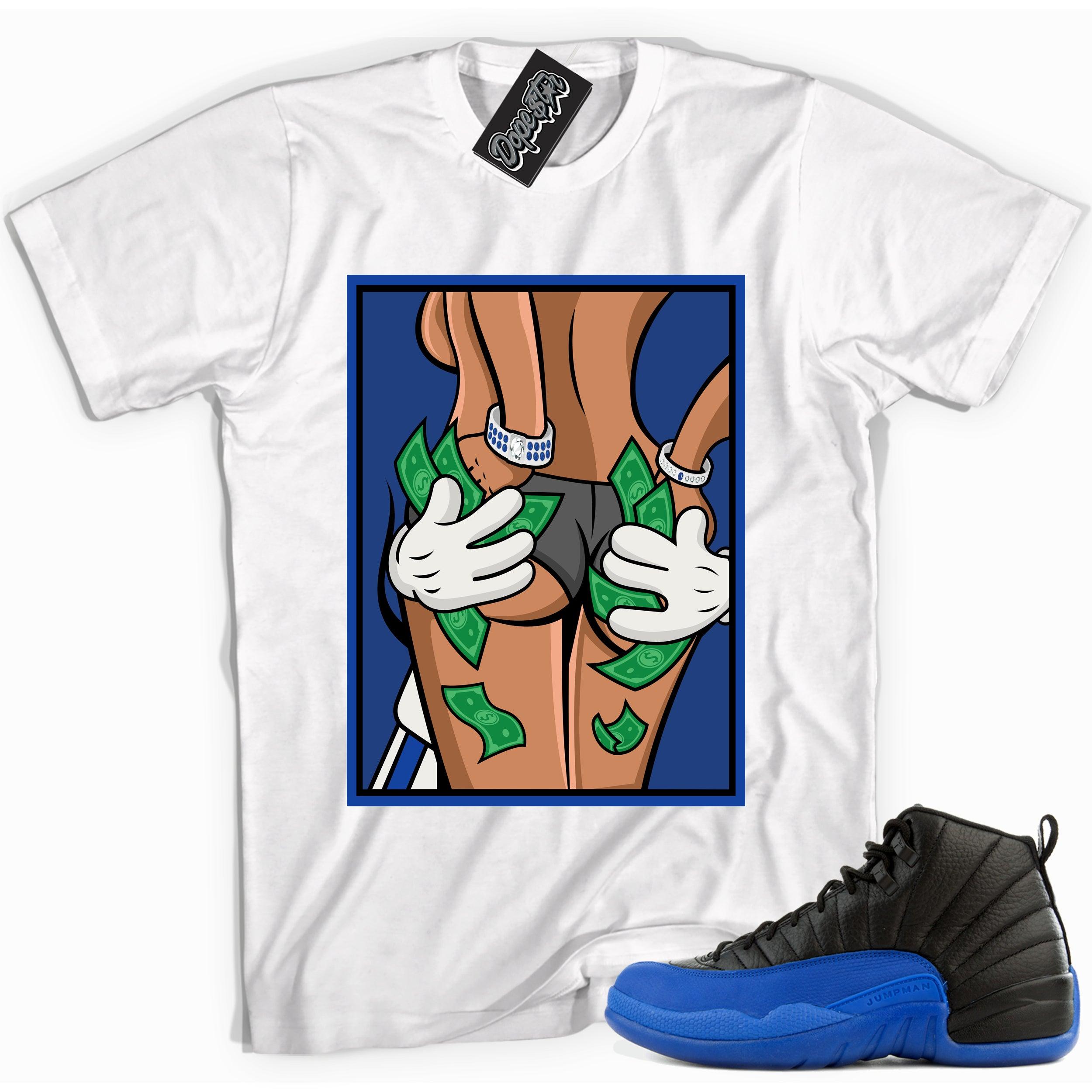 Cool white graphic tee with 'hands full' print, that perfectly matches Air Jordan 12 Retro Black Game Royal sneakers.