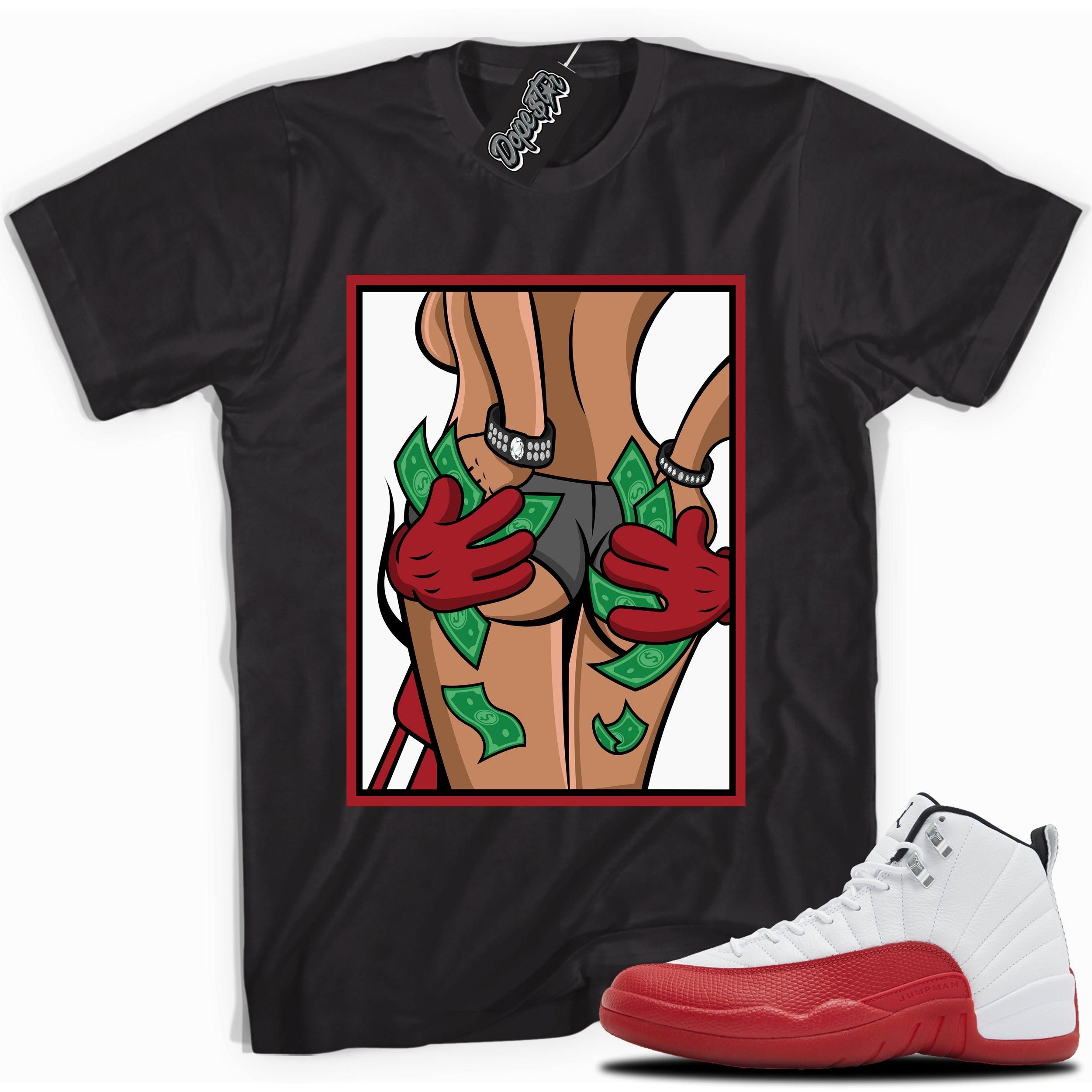 Cool Black graphic tee with “   Money Hands  ” print, that perfectly matches Air Jordan 12 Retro Cherry Red 2023 red and white sneakers 