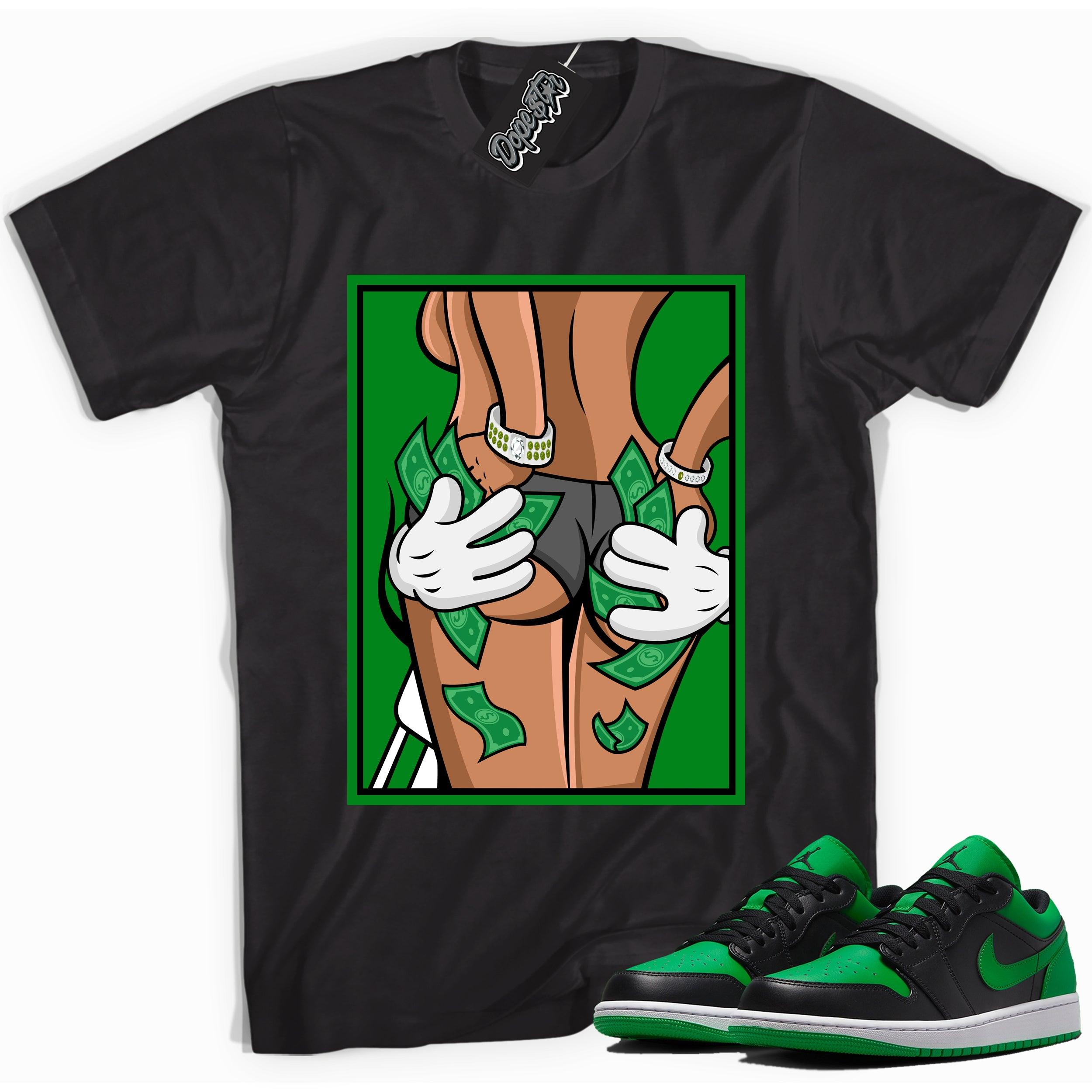 Cool black graphic tee with 'hands full' print, that perfectly matches Air Jordan 1 Low Lucky Green sneakers