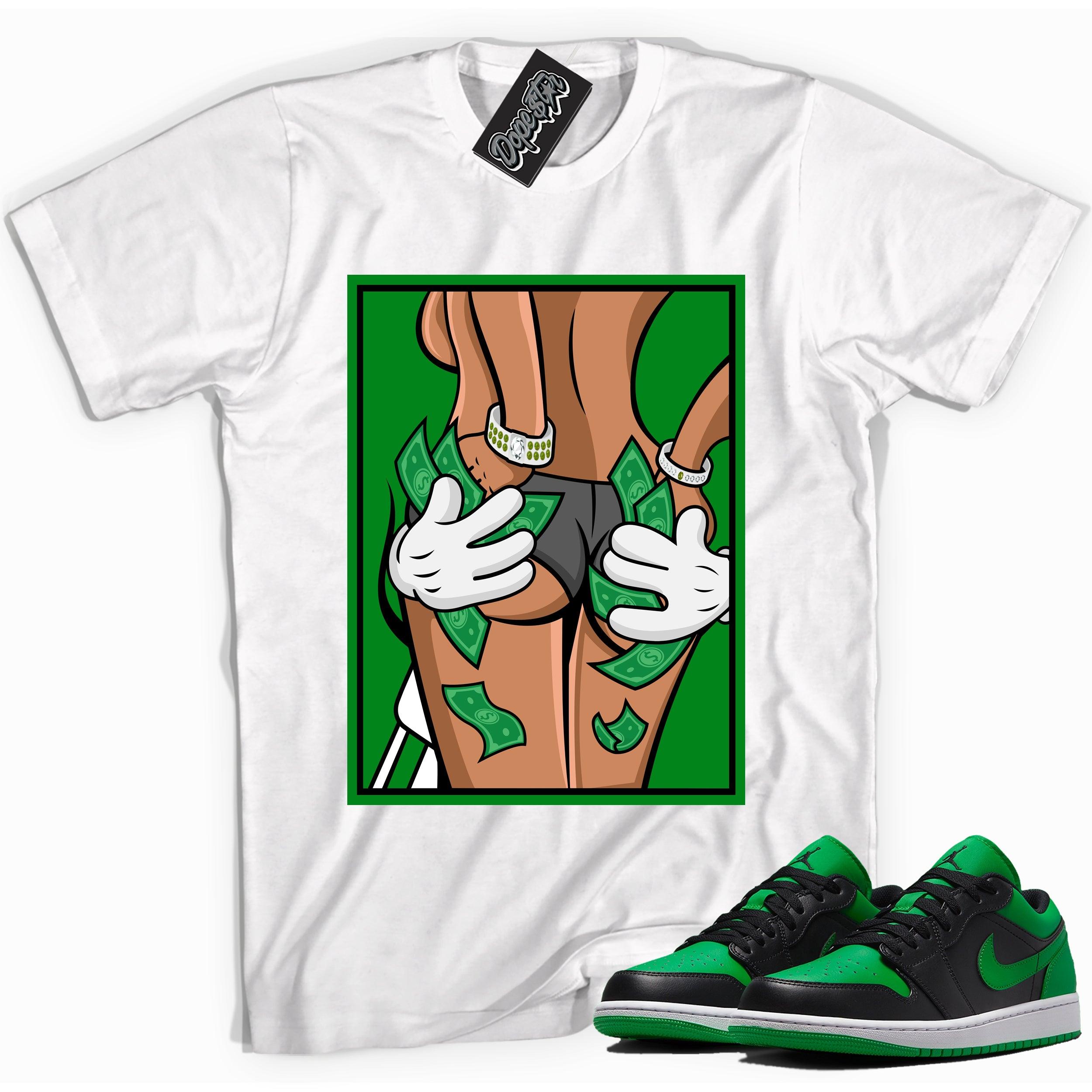 Cool white graphic tee with 'hands full' print, that perfectly matches Air Jordan 1 Low Lucky Green sneakers