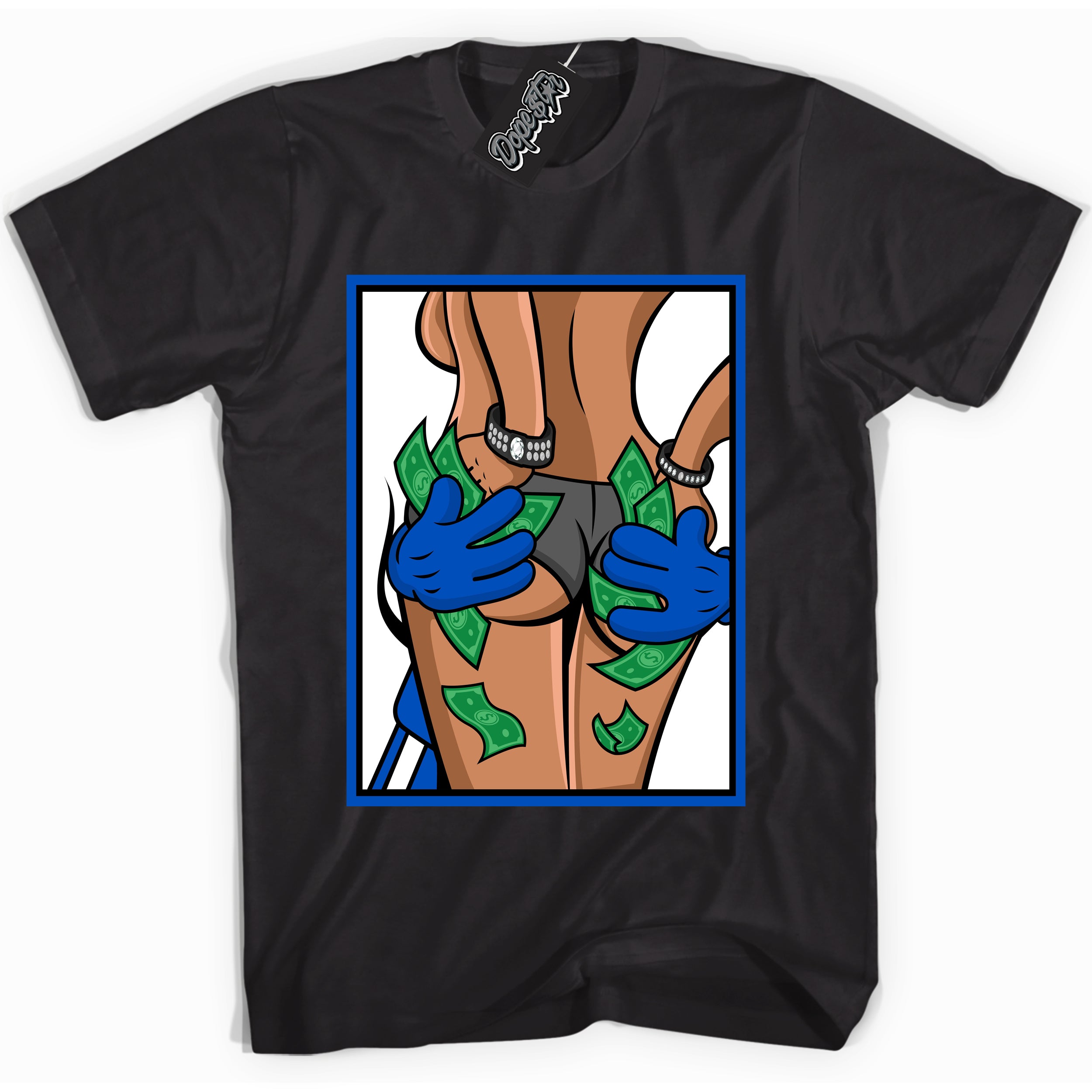 Cool Black graphic tee with Money Hands print, that perfectly matches OG Royal Reimagined 1s sneakers 