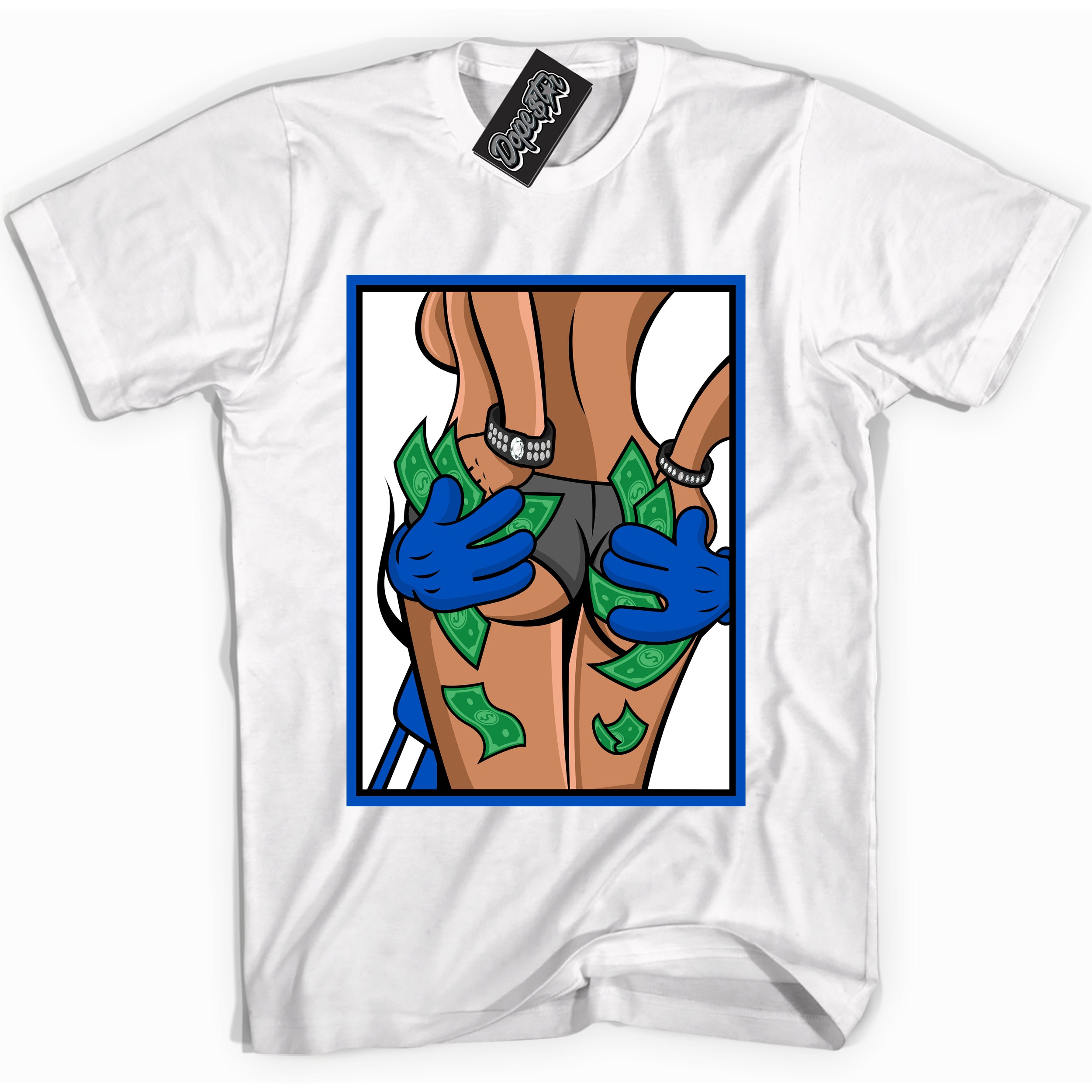 Cool White graphic tee with Money Hands print, that perfectly matches OG Royal Reimagined 1s sneakers 