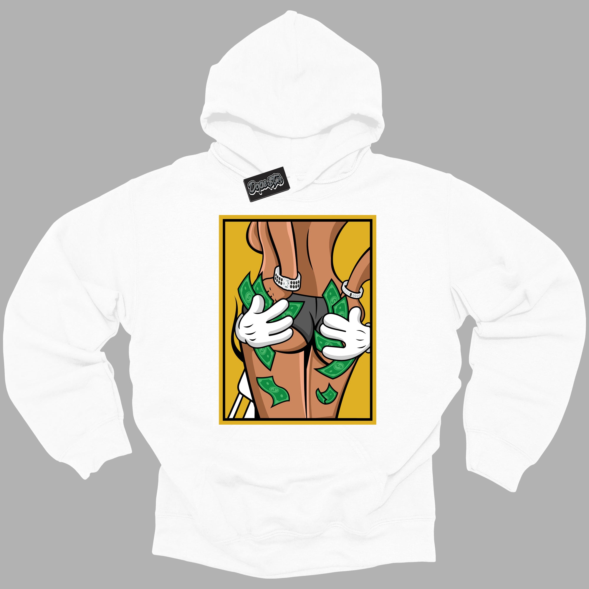 Cool White Hoodie with “ Money Hands ”  design that Perfectly Matches Yellow Ochre 6s Sneakers.