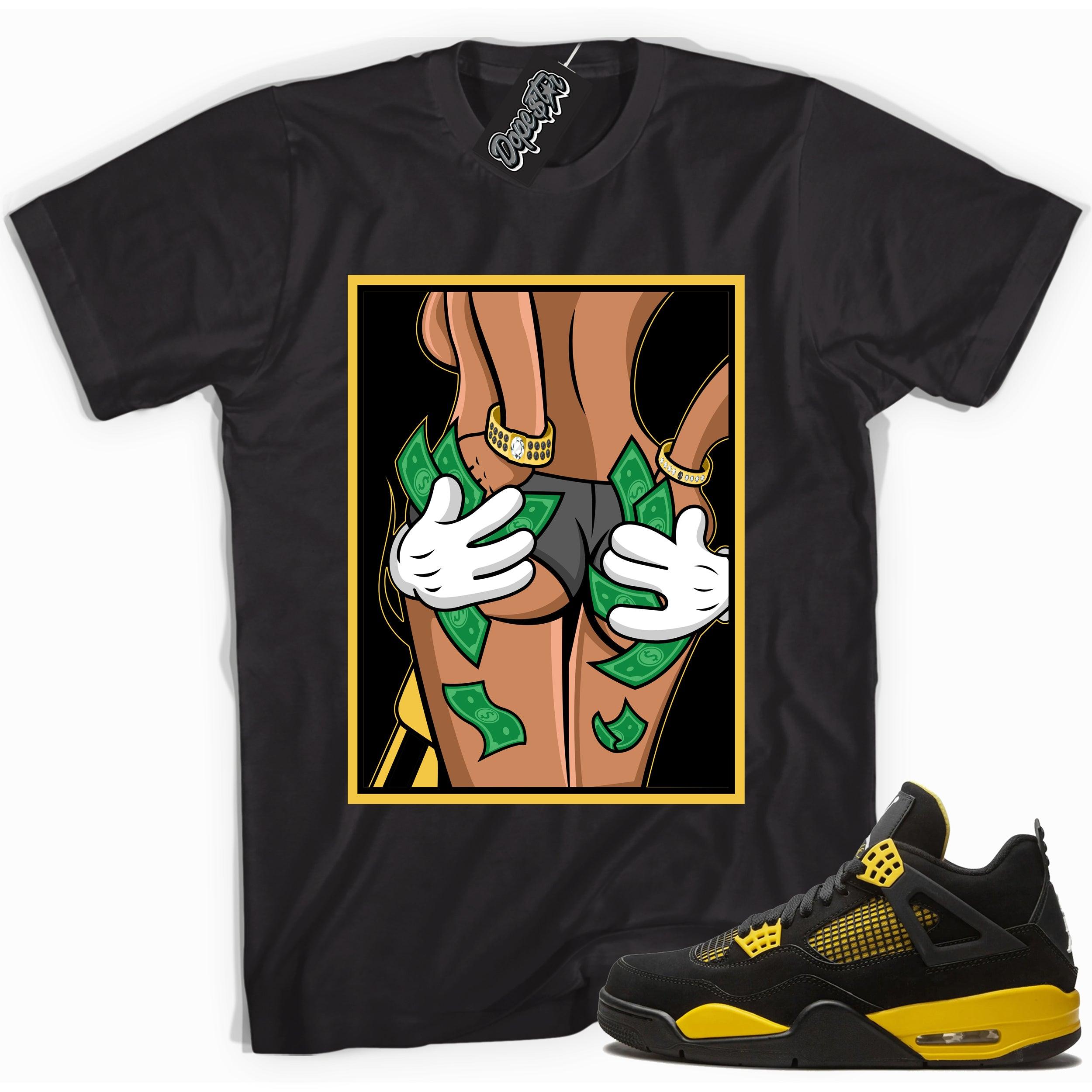 Cool black graphic tee with 'got my hands full money hands' print, that perfectly matches  Air Jordan 4 Thunder sneakers