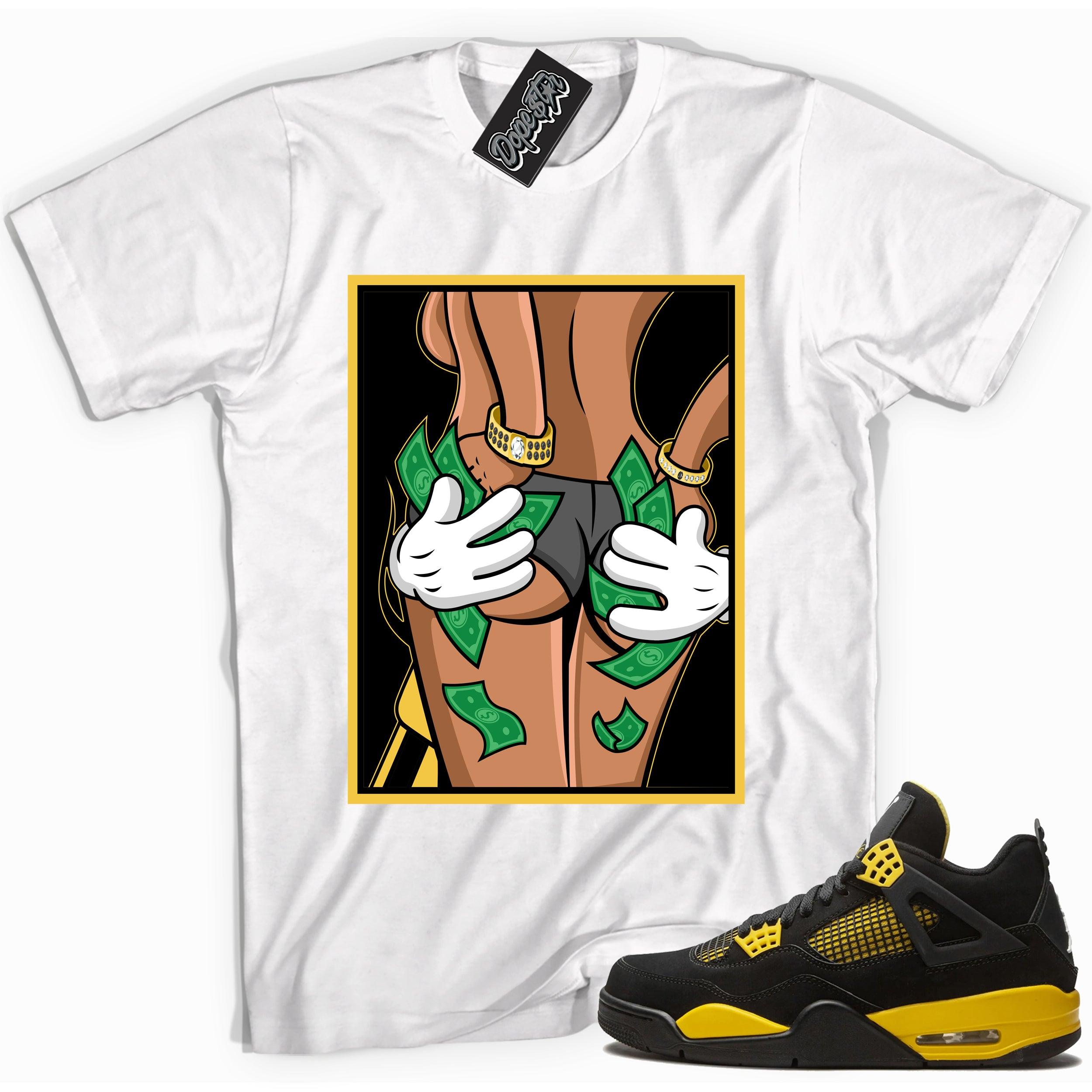 Cool white graphic tee with 'got my hands full money hands' print, that perfectly matches Air Jordan 4 Thunder sneakers