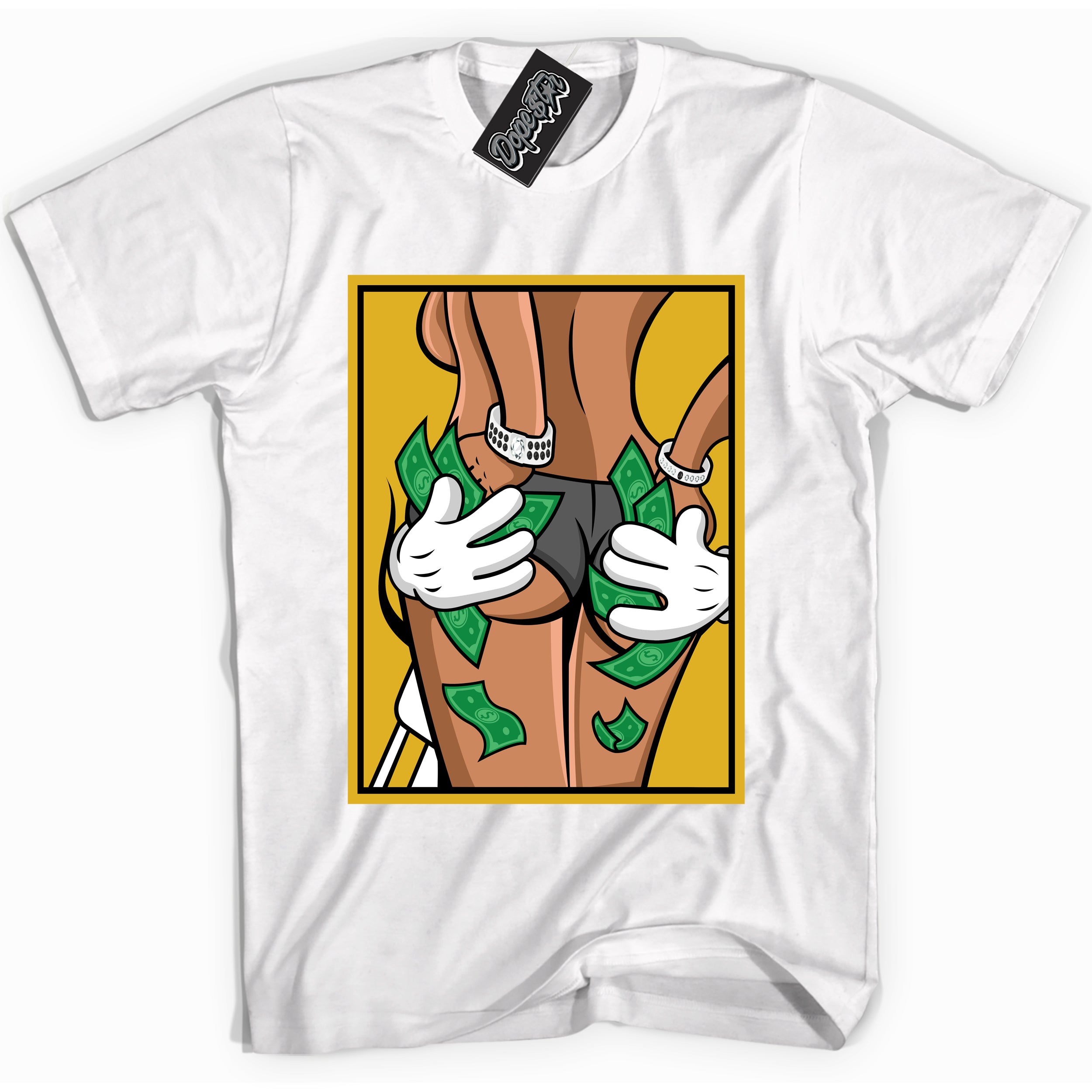 Cool White Shirt with “ Money Hands” design that perfectly matches Yellow Ochre 6s Sneakers.