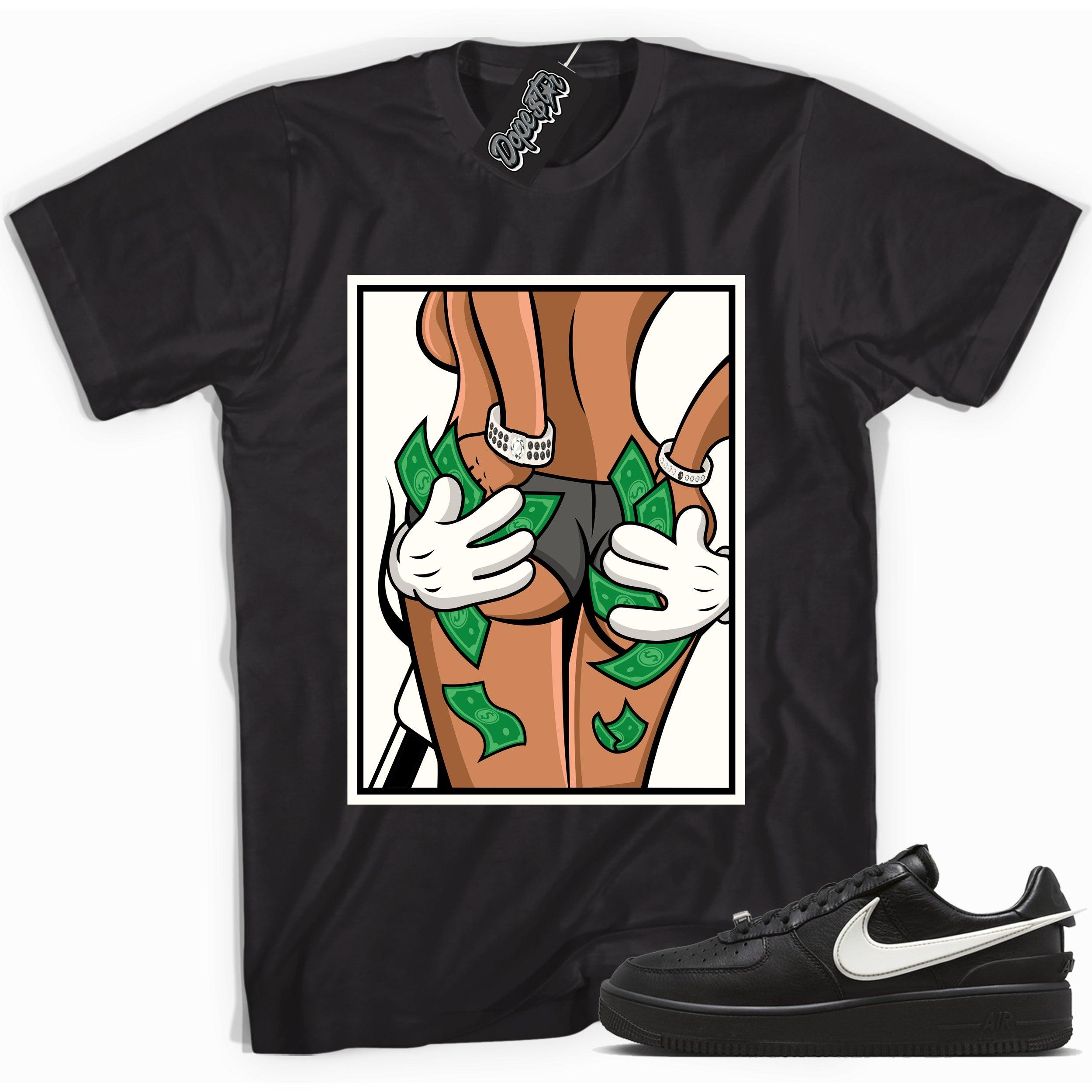 Cool black graphic tee with 'money hands hands full ' print, that perfectly matches Nike Air Force 1 Low SP Ambush Phantom sneakers.