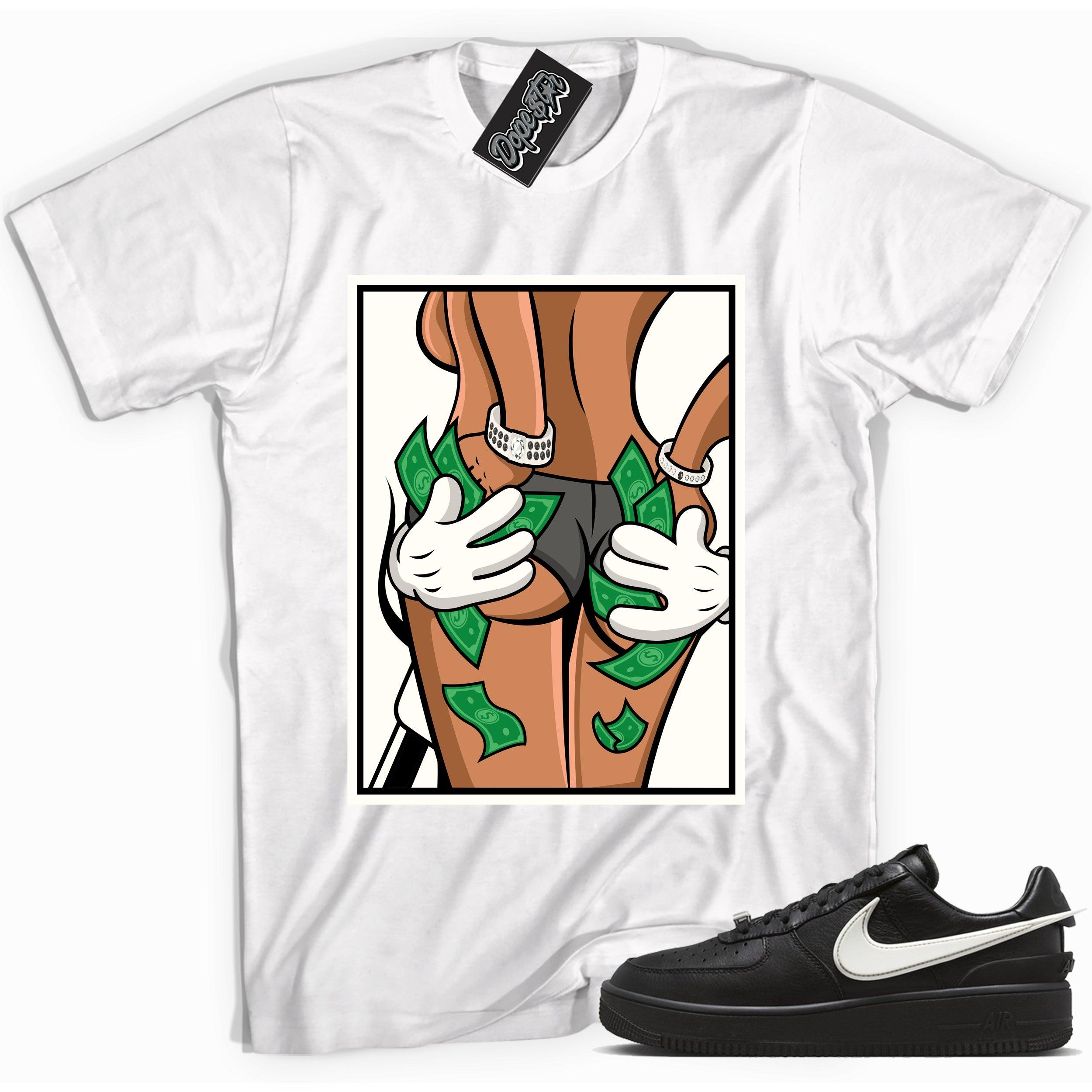 Cool white graphic tee with 'money hands hands full ' print, that perfectly matches Nike Air Force 1 Low SP Ambush Phantom sneakers.