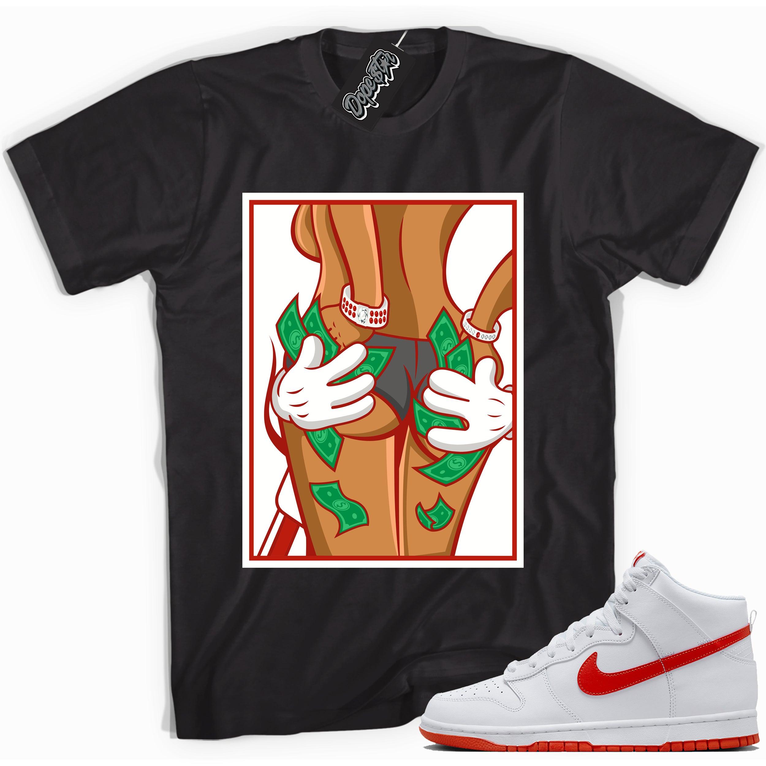 Cool black graphic tee with 'got my hands full money hands' print, that perfectly matches Nike Dunk High White Picante Red sneakers.