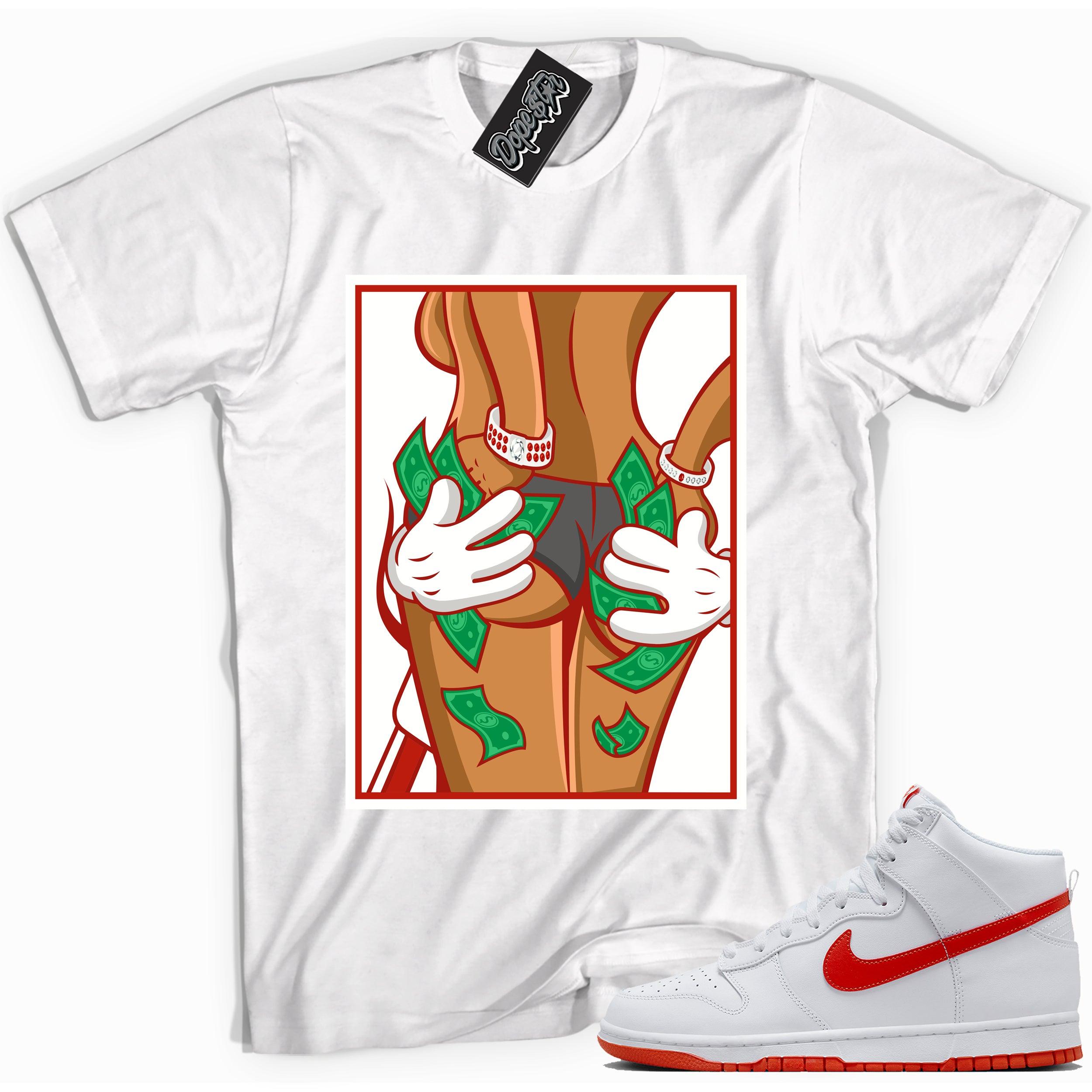 Cool white graphic tee with 'got my hands full money hands' print, that perfectly matches Nike Dunk High White Picante Red sneakers.