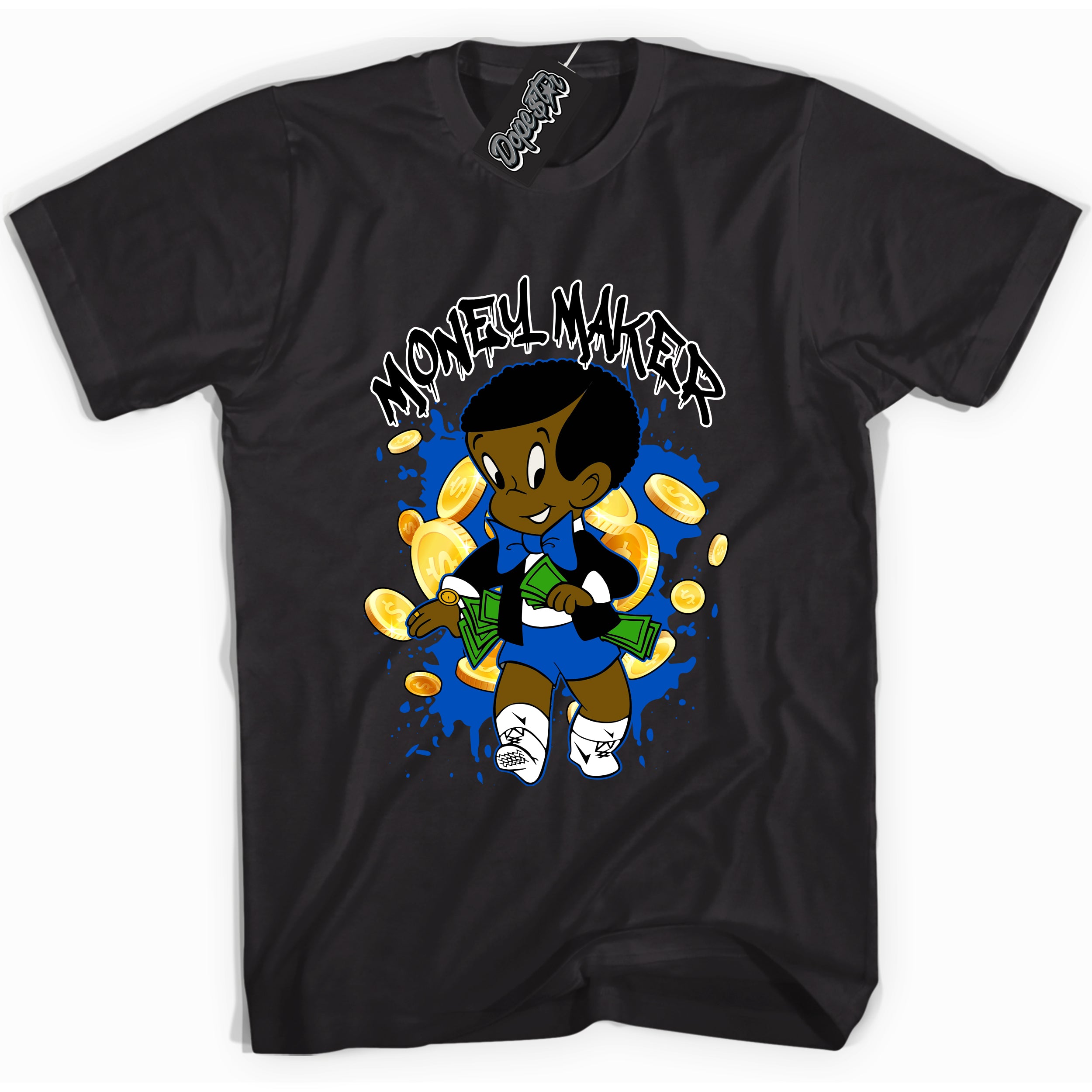 Cool Black graphic tee with "Money Maker" design, that perfectly matches Royal Reimagined 1s sneakers 