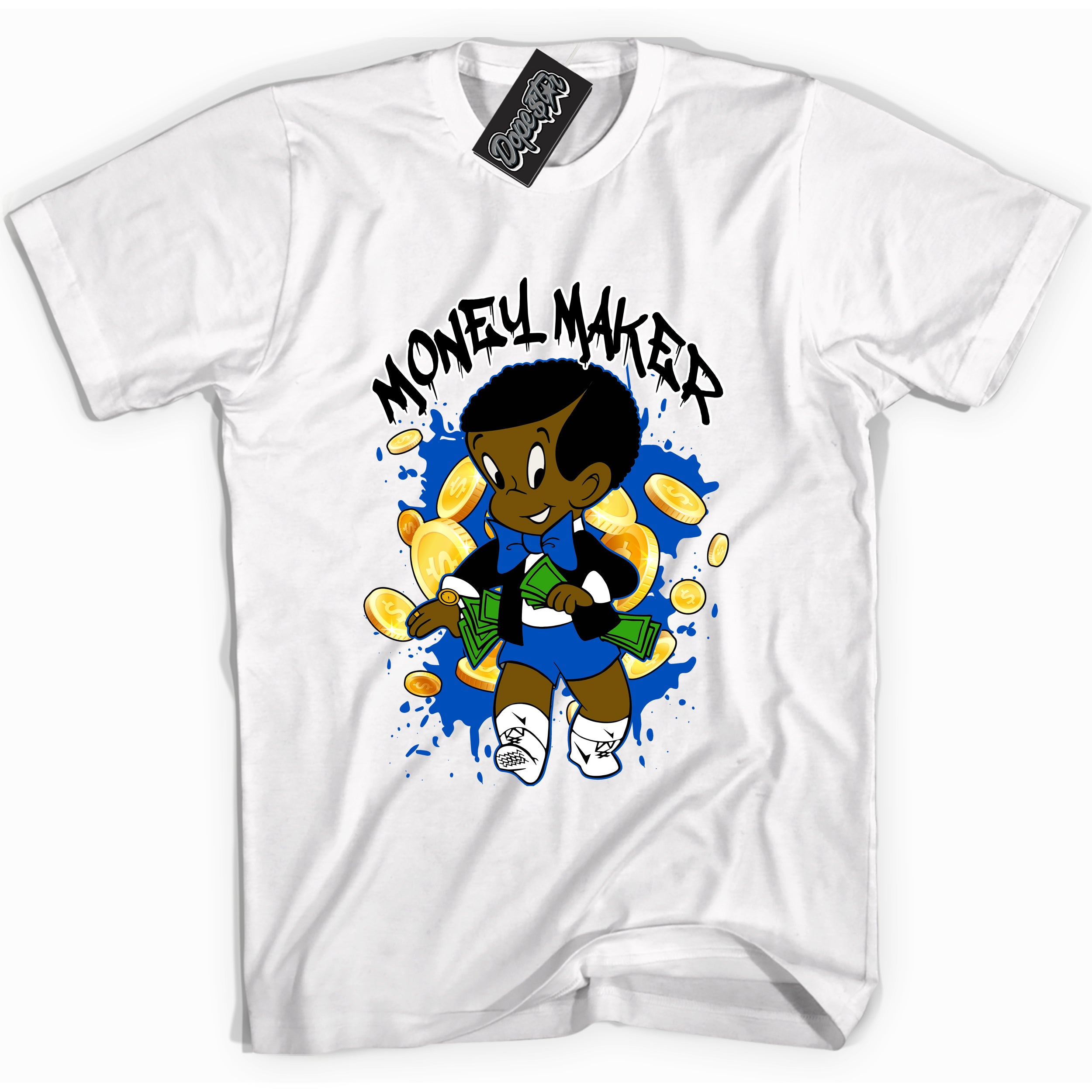 Cool White graphic tee with "Money Maker" design, that perfectly matches Royal Reimagined 1s sneakers 