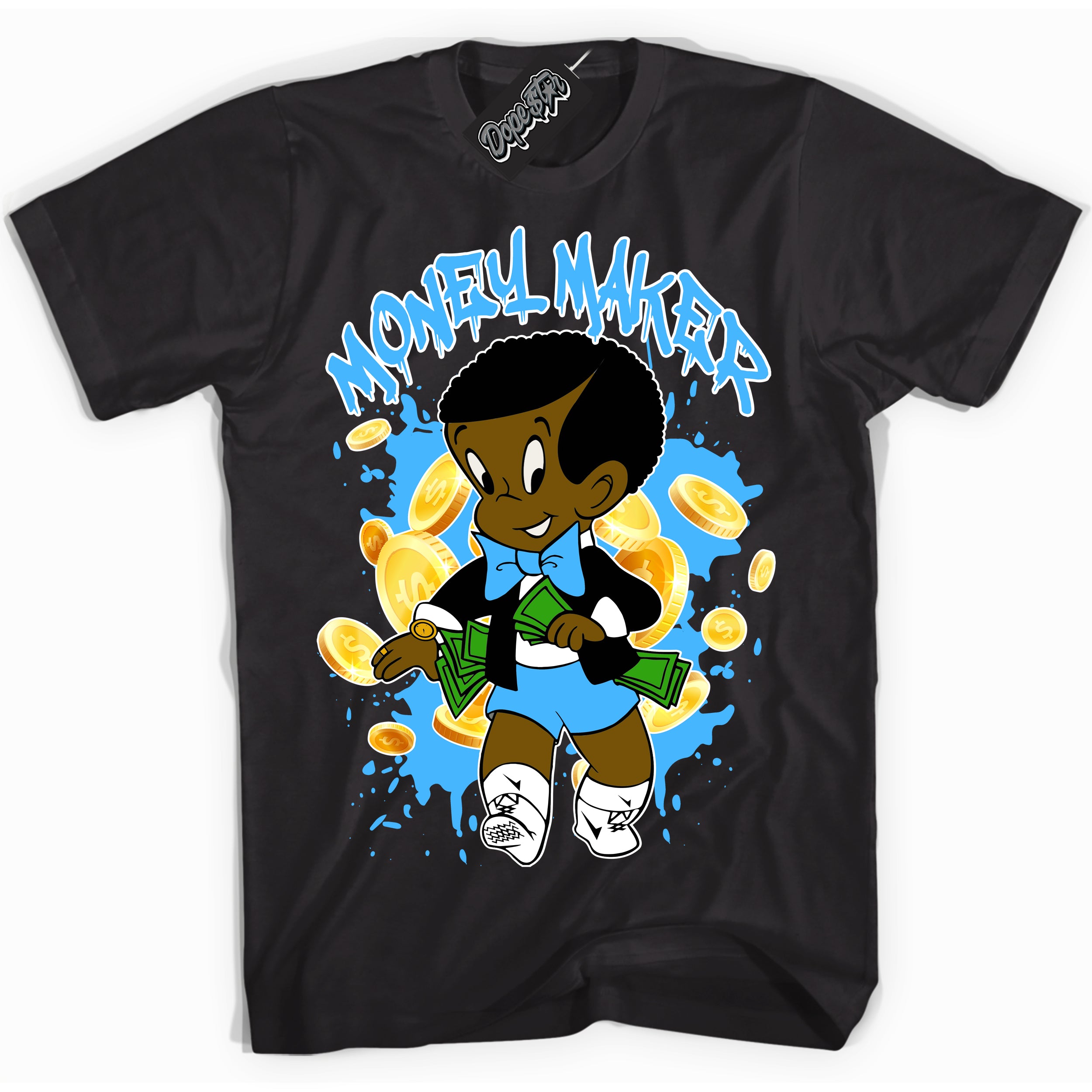 Cool Black graphic tee with “ Money Maker ” design, that perfectly matches Powder Blue 9s sneakers 