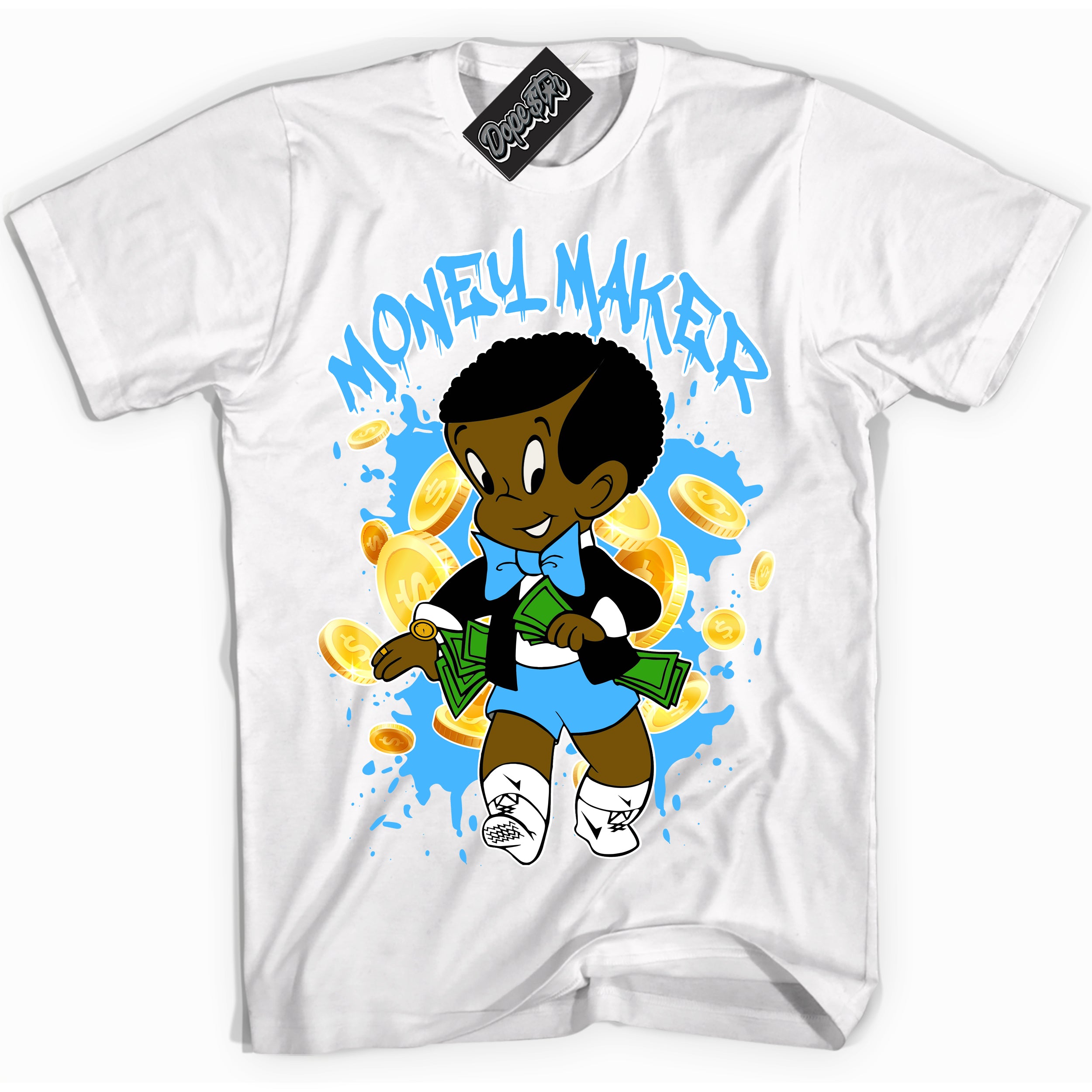 Cool White graphic tee with “ Money Maker ” design, that perfectly matches Powder Blue 9s sneakers 