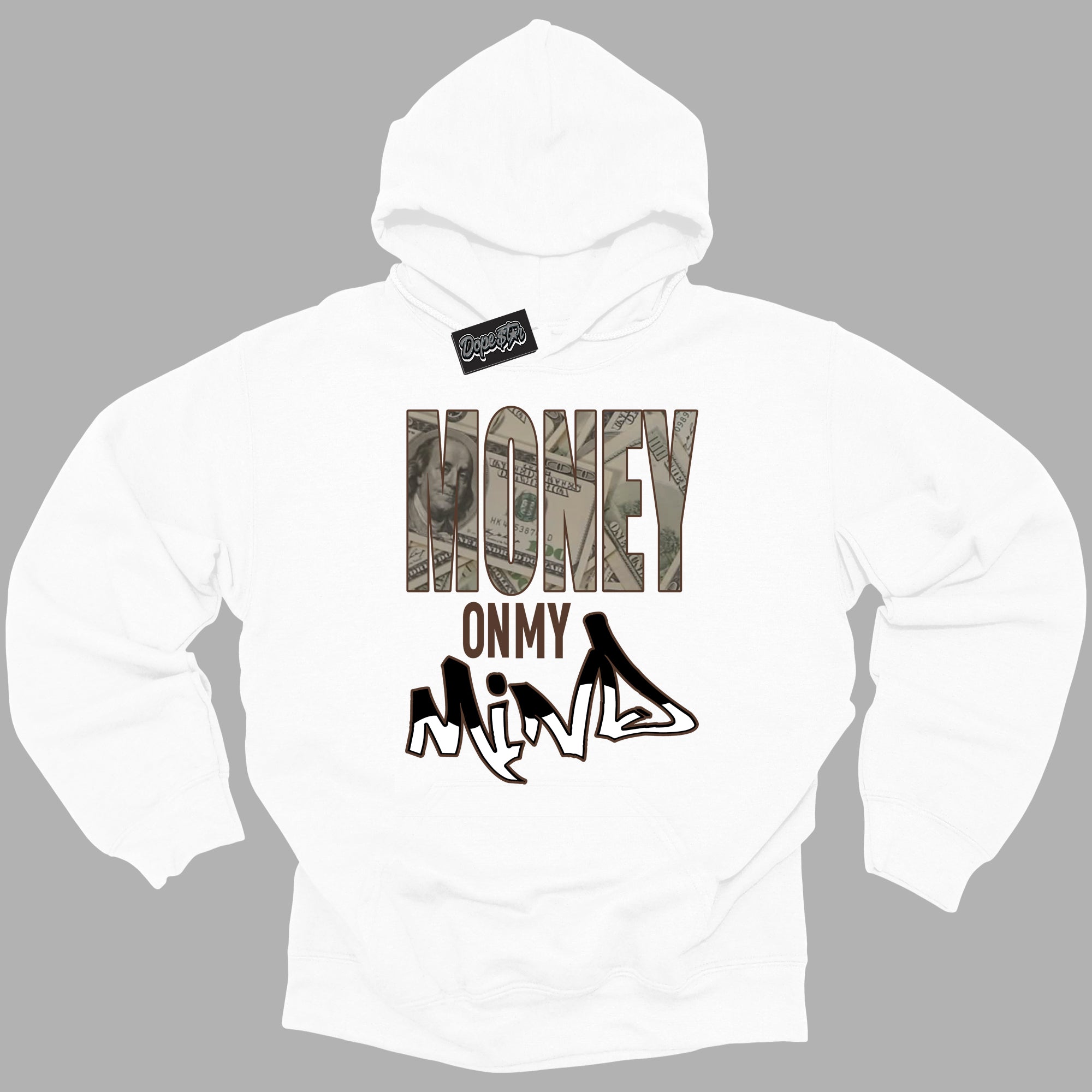 Cool White Graphic DopeStar Hoodie with “ Money On My Mind “ print, that perfectly matches Palomino 1s sneakers