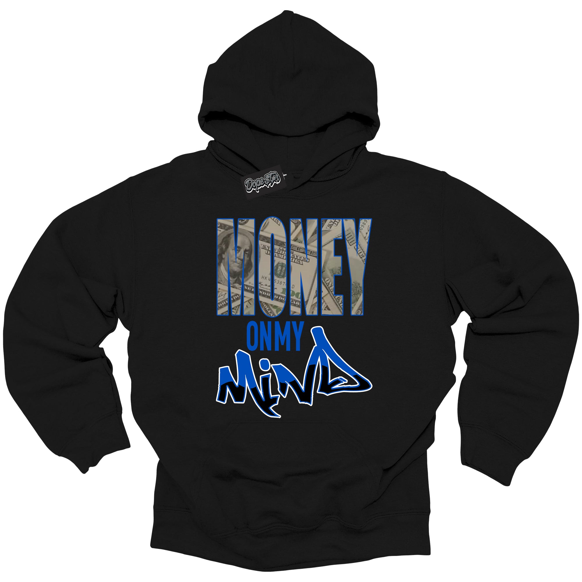 Cool Black Hoodie with “ Money On My Mind ”  design that Perfectly Matches  Royal Reimagined 1s Sneakers.