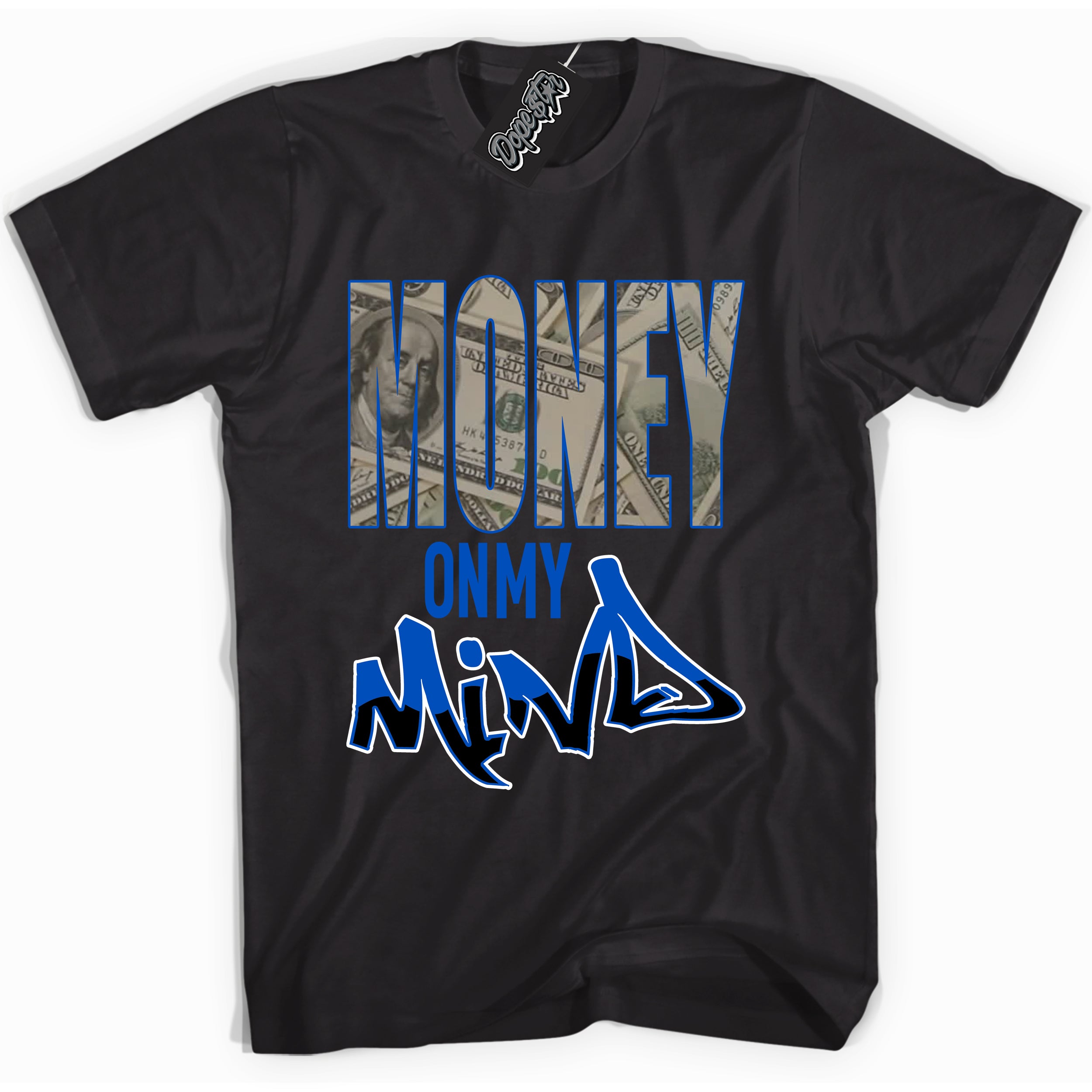 Cool Black graphic tee with Money On My Mind print, that perfectly matches OG Royal Reimagined 1s sneakers 