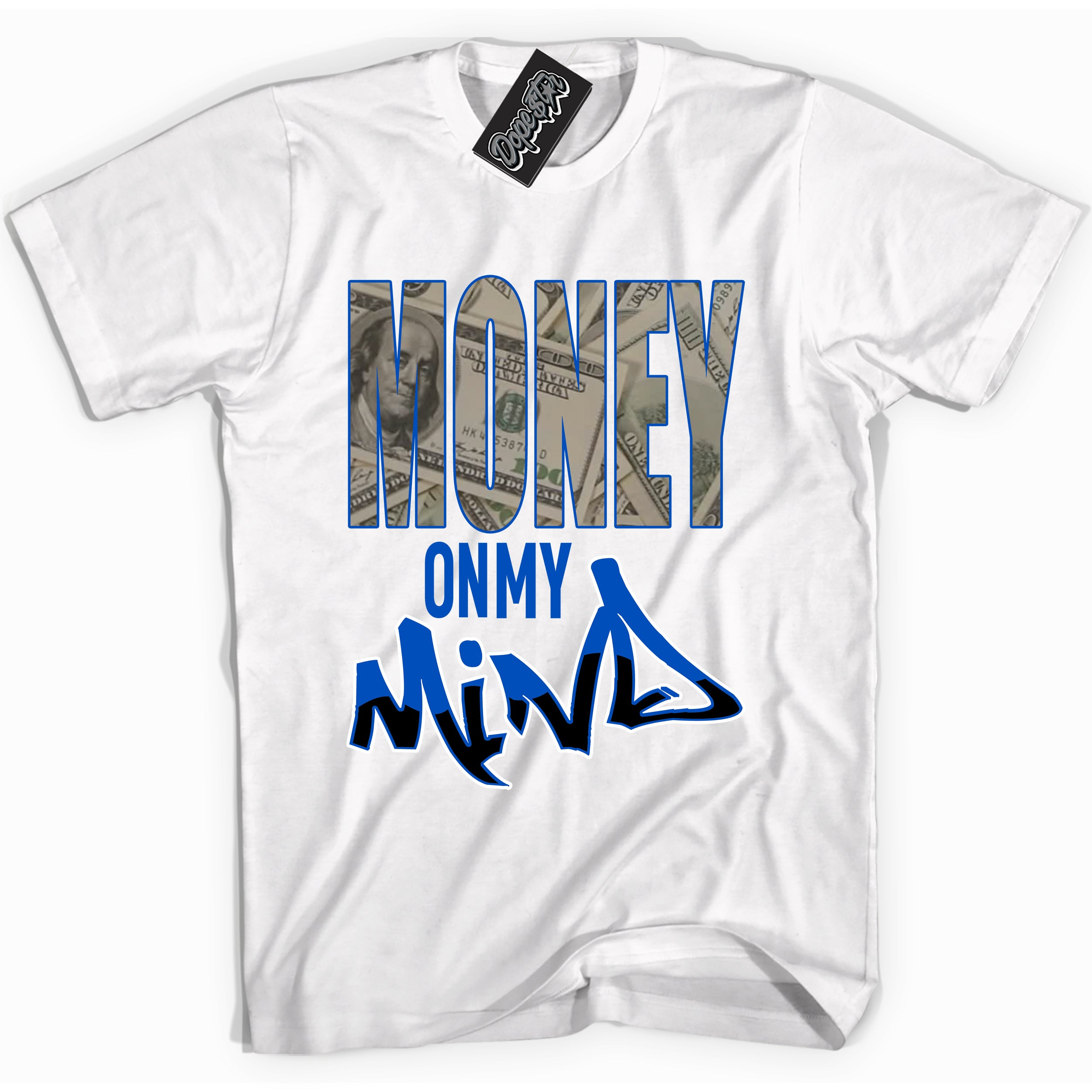 Cool White graphic tee with Money On My Mind print, that perfectly matches OG Royal Reimagined 1s sneakers 