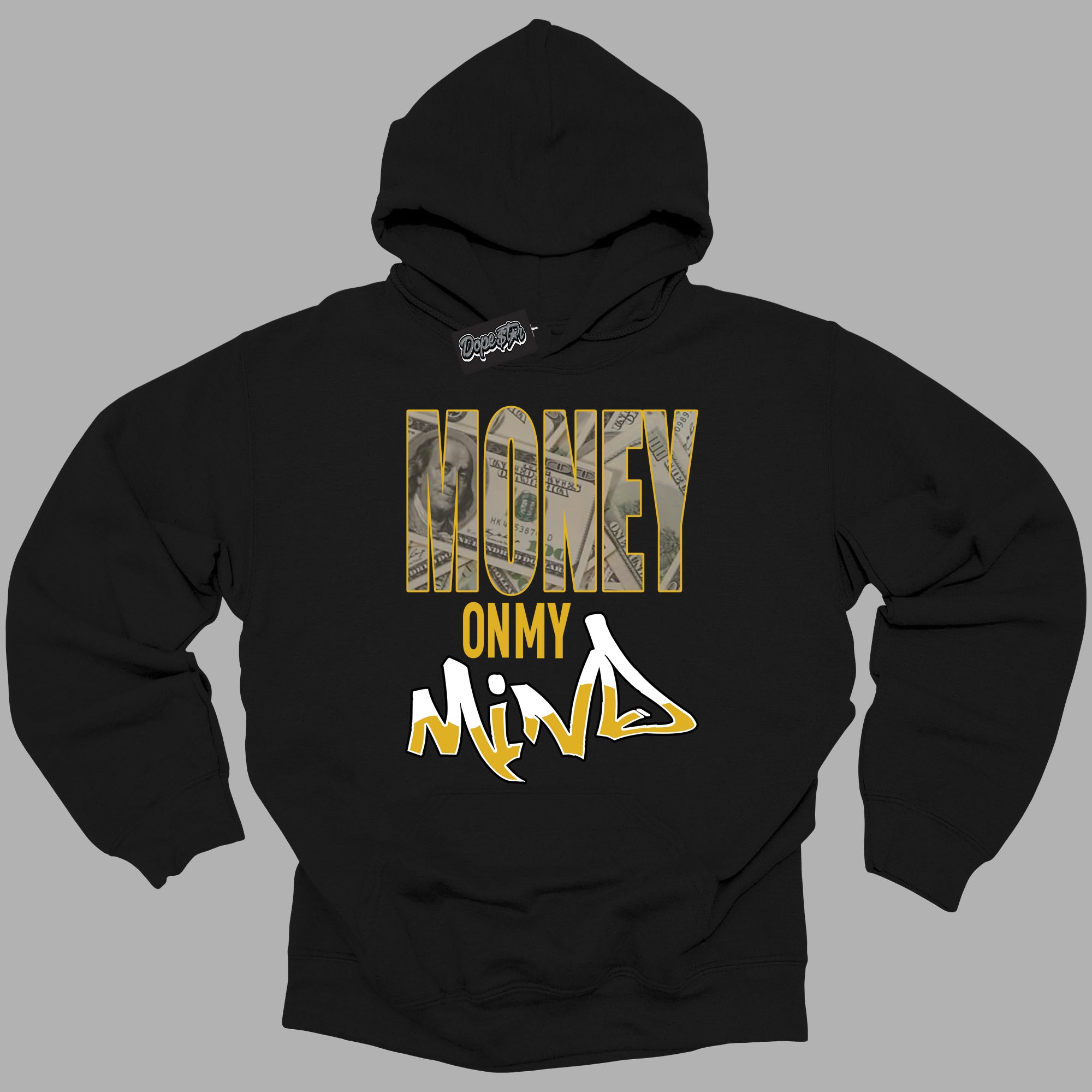 Cool Black Hoodie with “ Money On My Mind ”  design that Perfectly Matches Yellow Ochre 6s Sneakers.