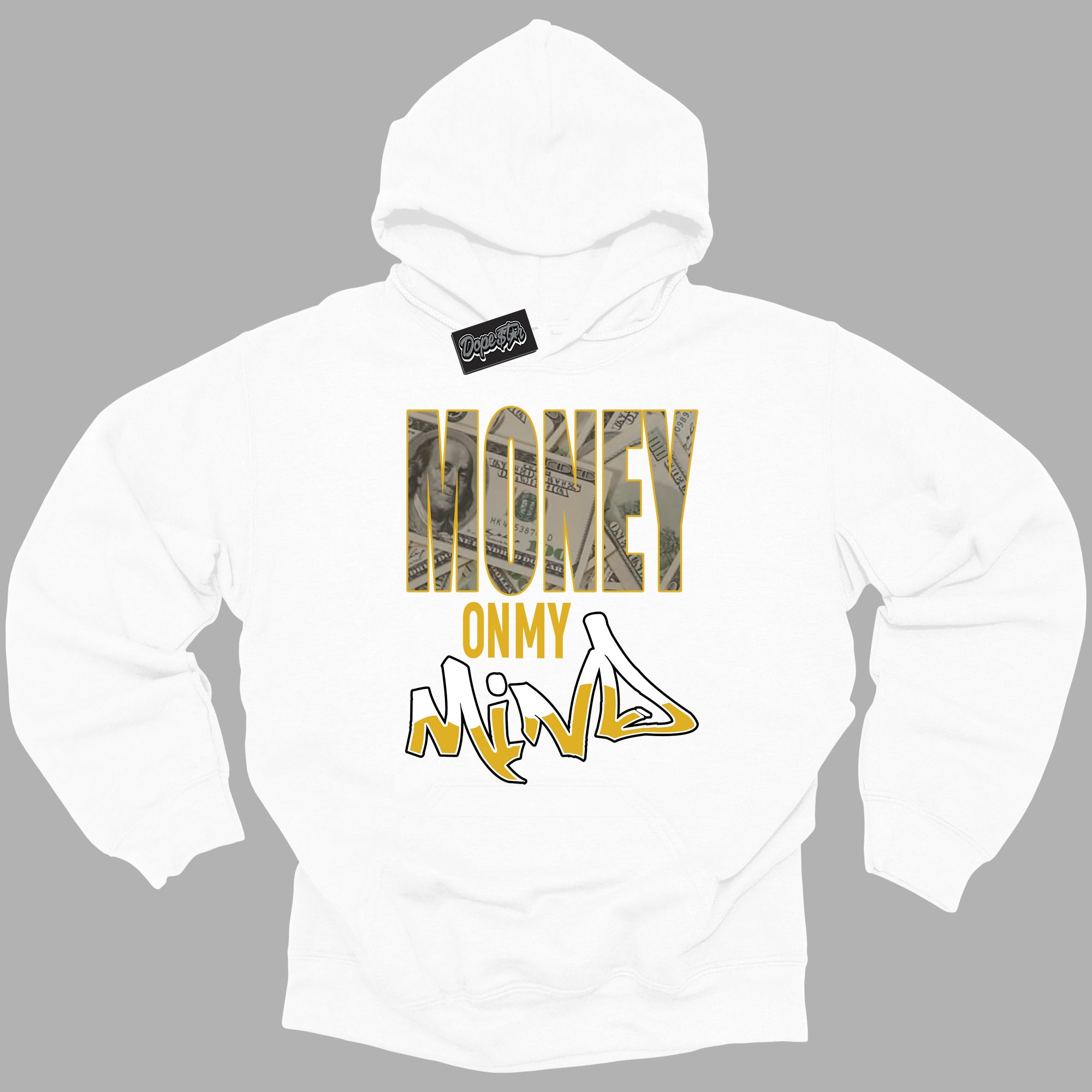 Cool White Hoodie with “ Money On My Mind ”  design that Perfectly Matches Yellow Ochre 6s Sneakers.