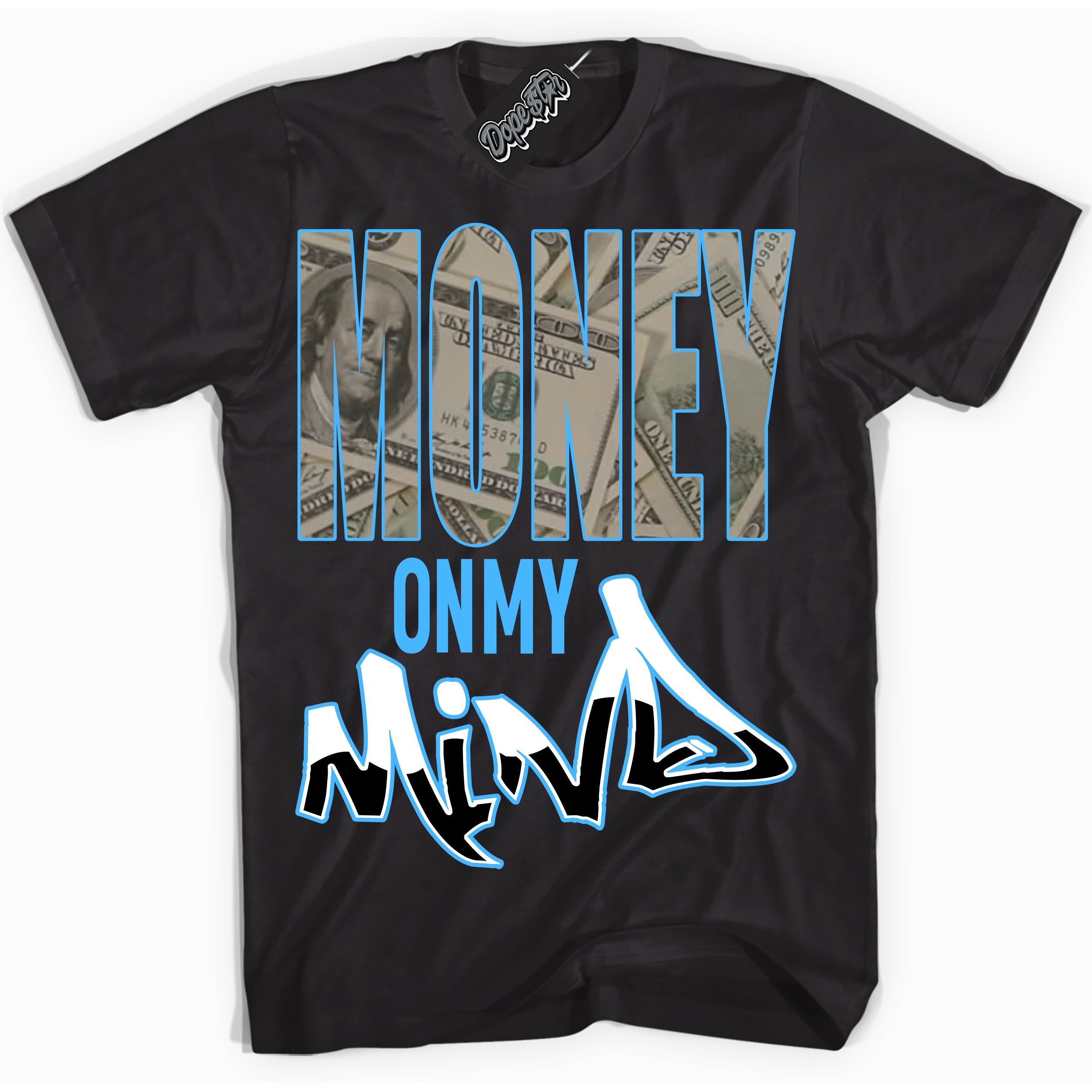 Cool Black graphic tee with “ Money On My Mind ” design, that perfectly matches Powder Blue 9s sneakers 