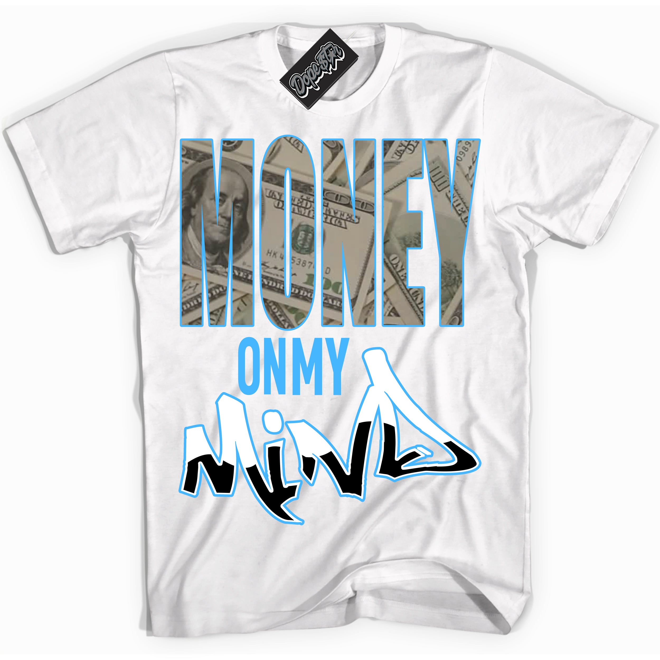 Cool White graphic tee with “ Money On My Mind ” design, that perfectly matches Powder Blue 9s sneakers 