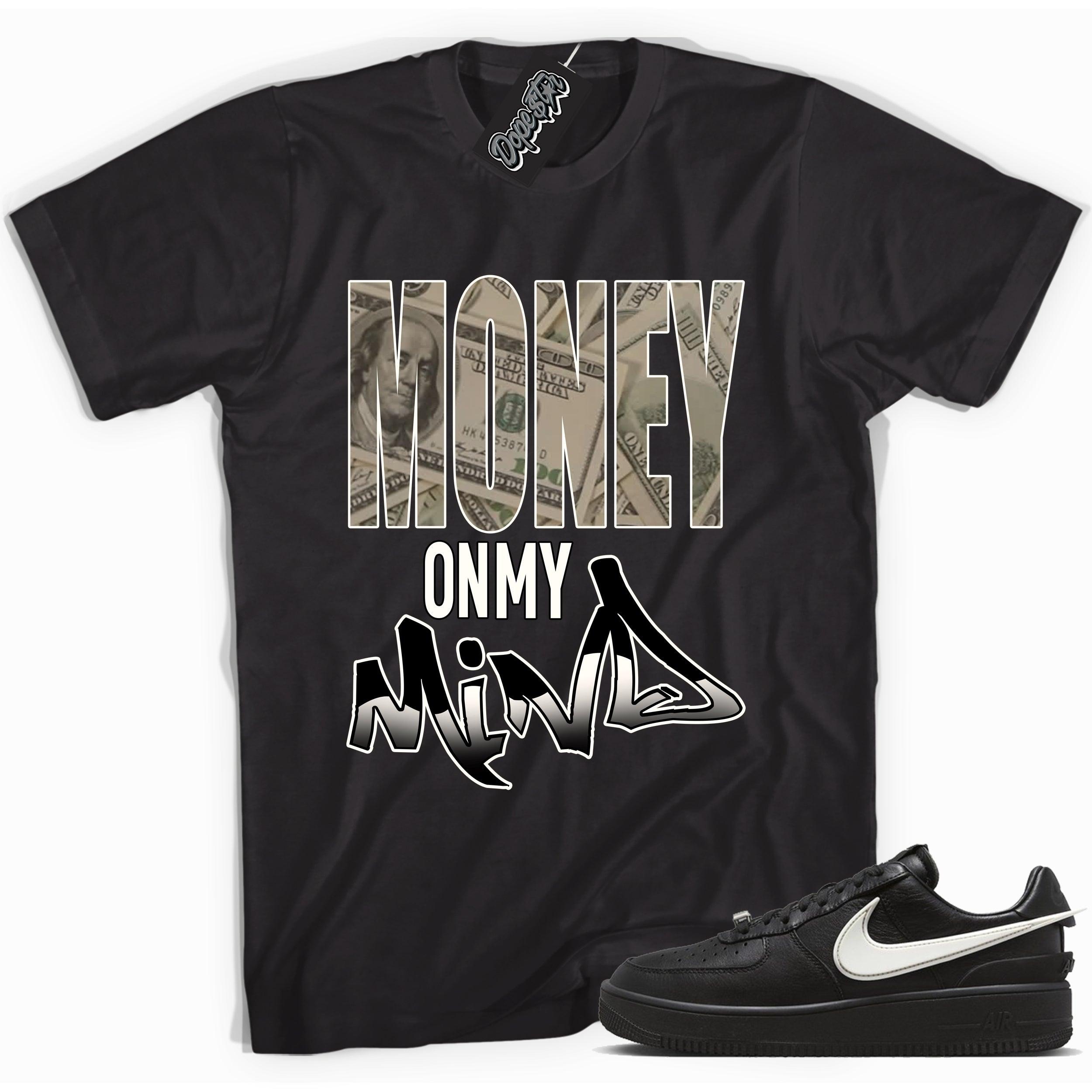 Cool black graphic tee with 'money on my mind' print, that perfectly matches Nike Air Force 1 Low SP Ambush Phantom sneakers.