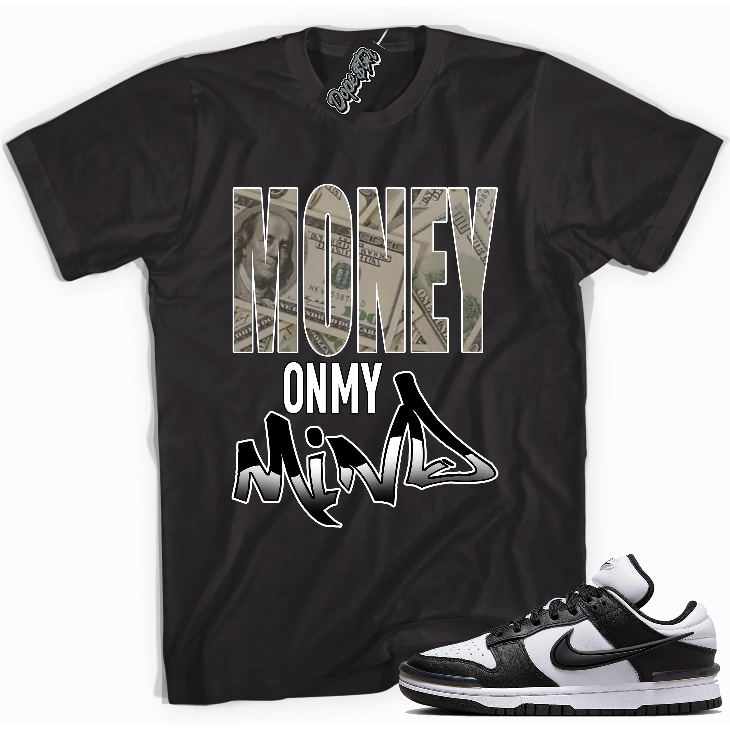 Cool black graphic tee with 'money on my mind' print, that perfectly matches Nike Dunk Low Twist Panda sneakers.