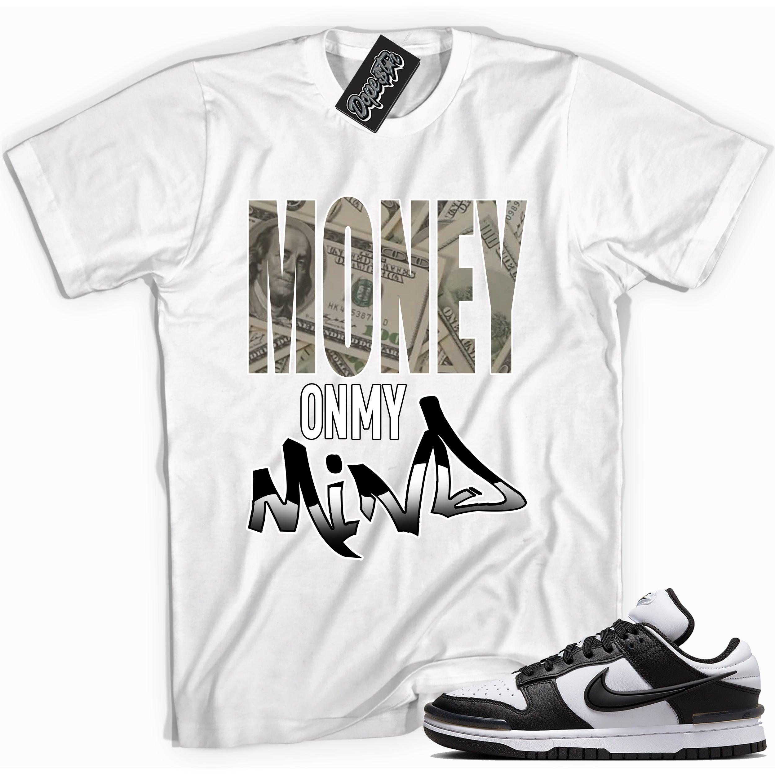 Cool white graphic tee with 'money on my mind' print, that perfectly matches Nike Dunk Low Twist Panda sneakers.