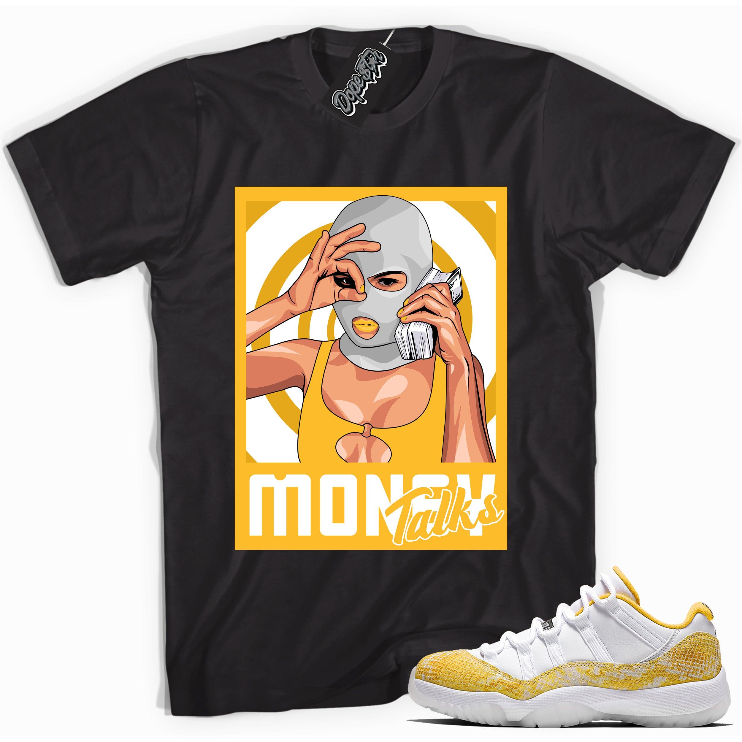 Cool black graphic tee with 'money talks' print, that perfectly matches  Air Jordan 11 Low Yellow Snakeskin sneakers