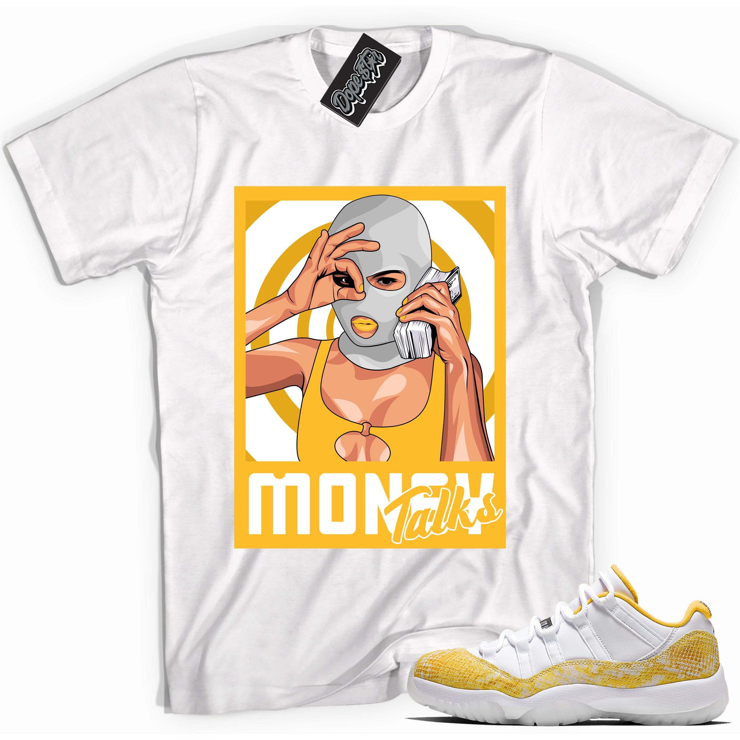 Cool white graphic tee with 'money talks' print, that perfectly matches Air Jordan 11 Low Yellow Snakeskin sneakers