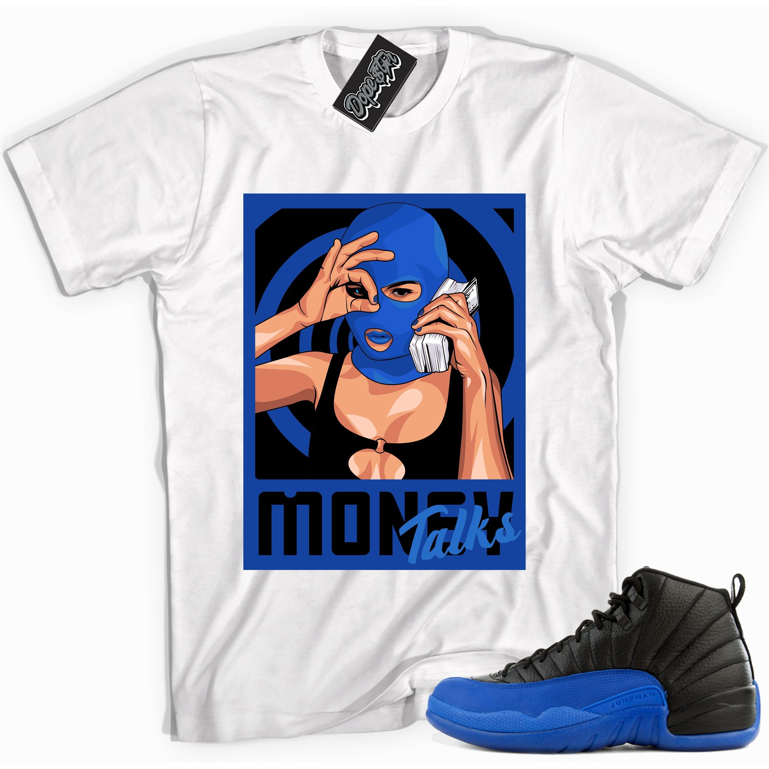 Cool white graphic tee with 'money talks' print, that perfectly matches Air Jordan 12 Retro Black Game Royal sneakers.
