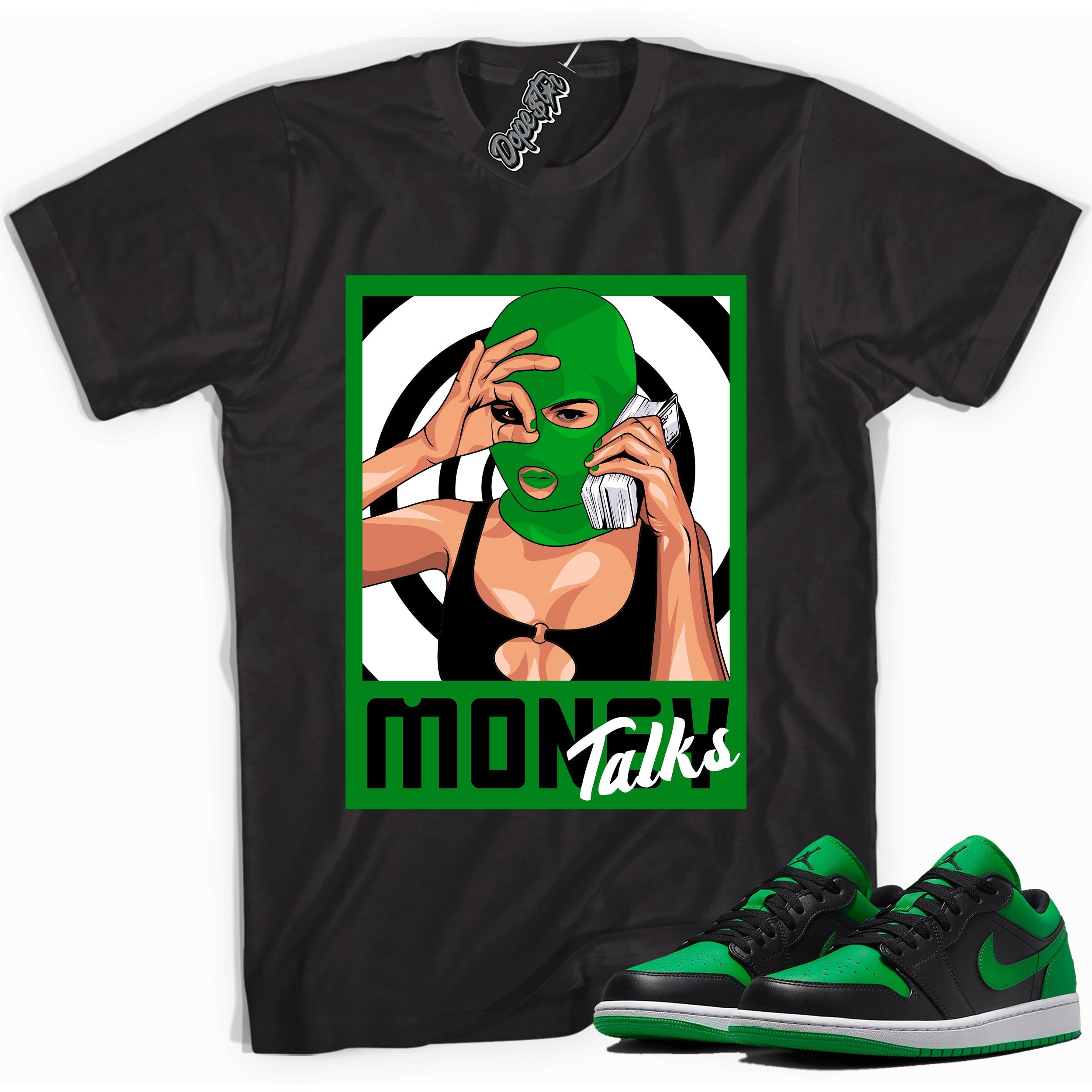 Cool black graphic tee with 'money talks' print, that perfectly matches Air Jordan 1 Low Lucky Green sneakers