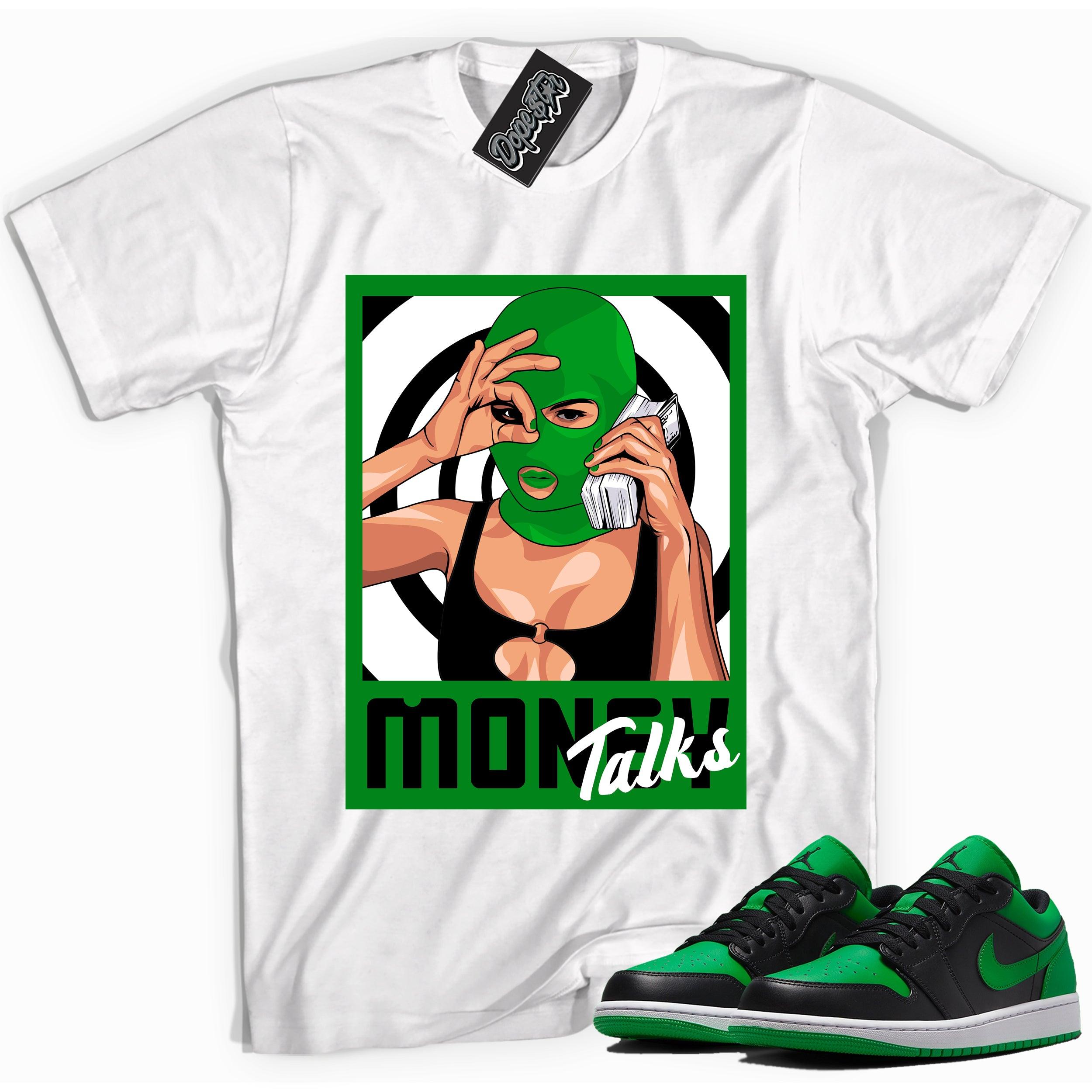 Cool white graphic tee with 'money talks' print, that perfectly matches Air Jordan 1 Low Lucky Green sneakers