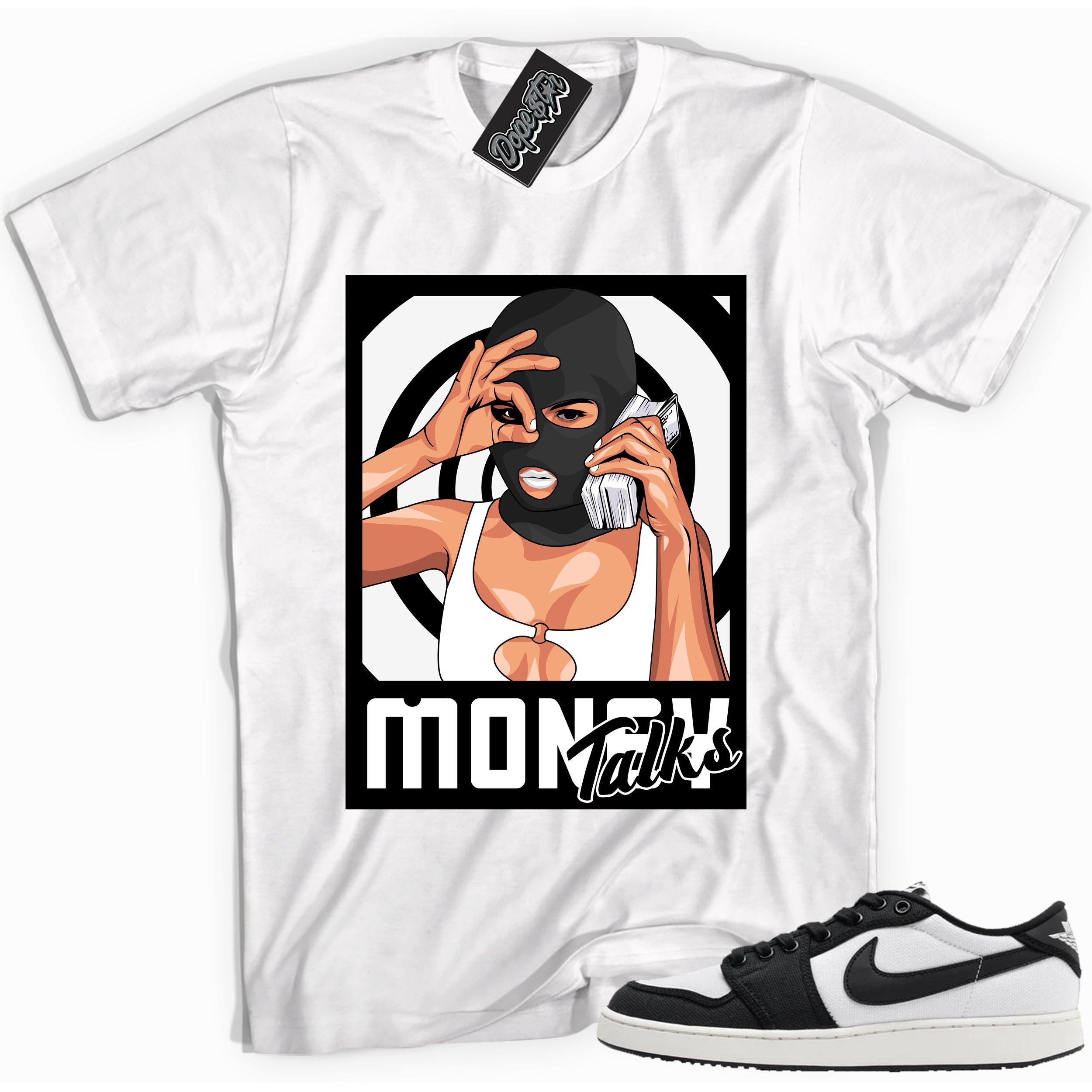 Cool white graphic tee with 'money talks' print, that perfectly matches Air Jordan 1 Retro Ajko Low Black & White sneakers.