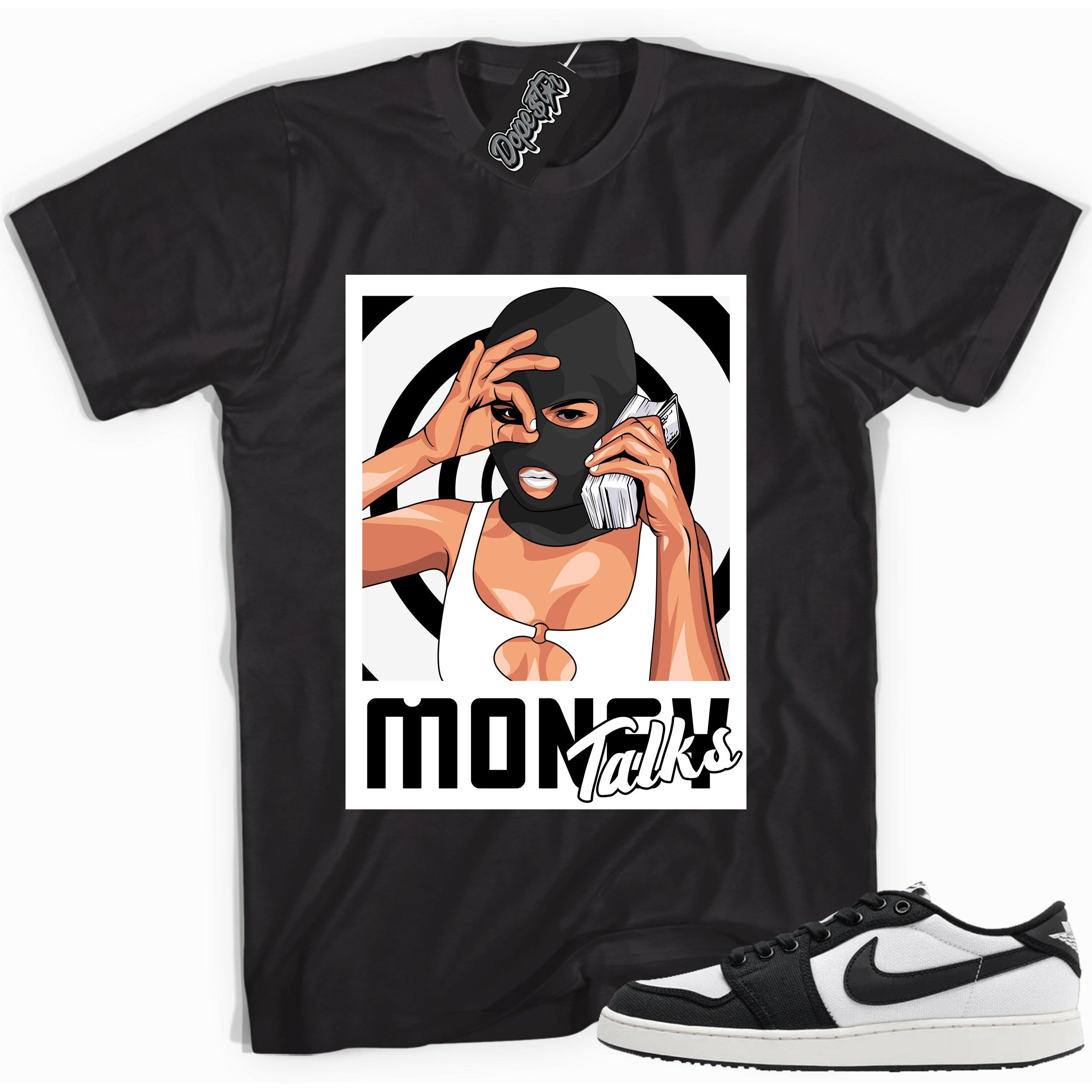 Cool black graphic tee with 'money talks' print, that perfectly matches Air Jordan 1 Retro Ajko Low Black & White sneakers.
