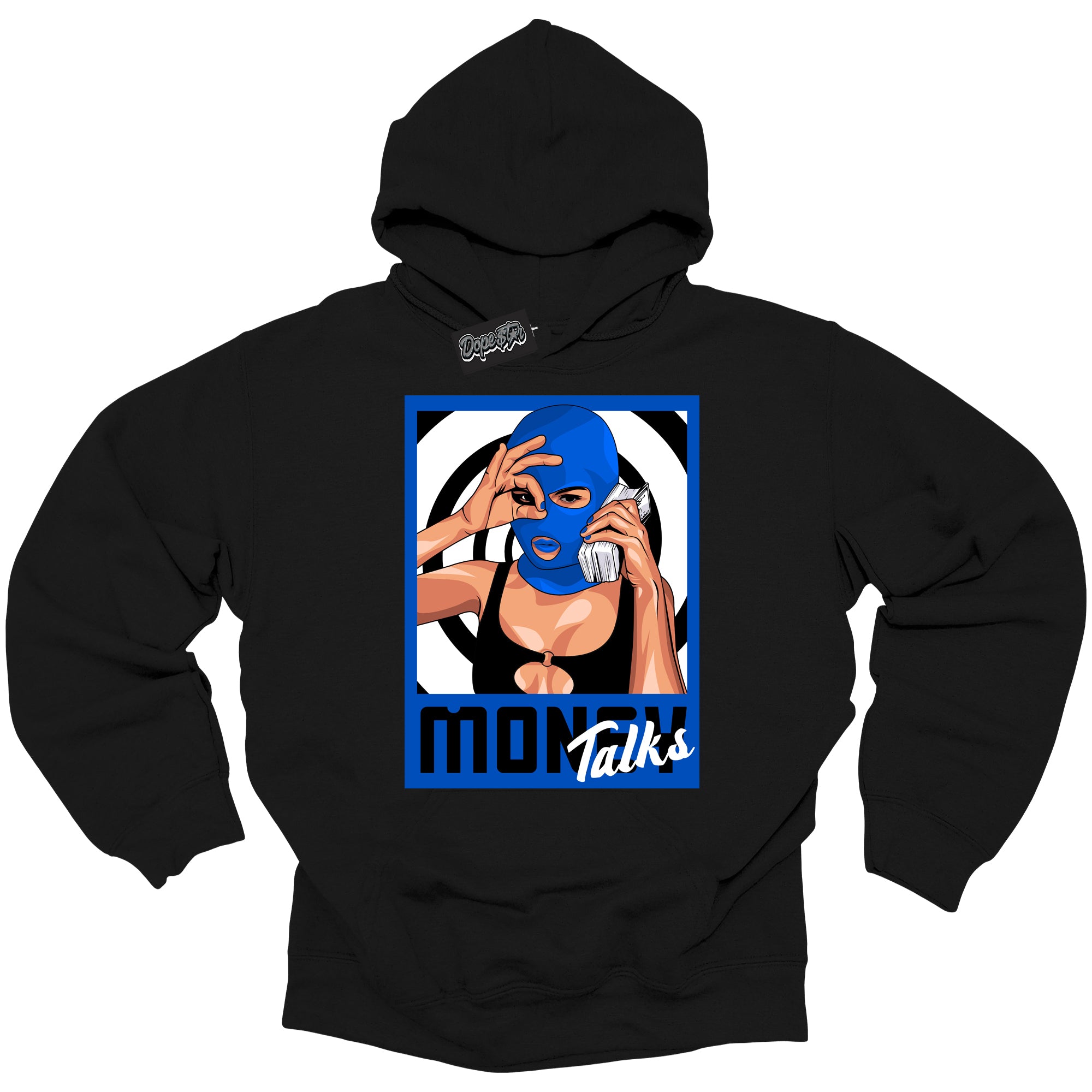 Cool Black Hoodie with “ Money Talks ”  design that Perfectly Matches  Royal Reimagined 1s Sneakers.