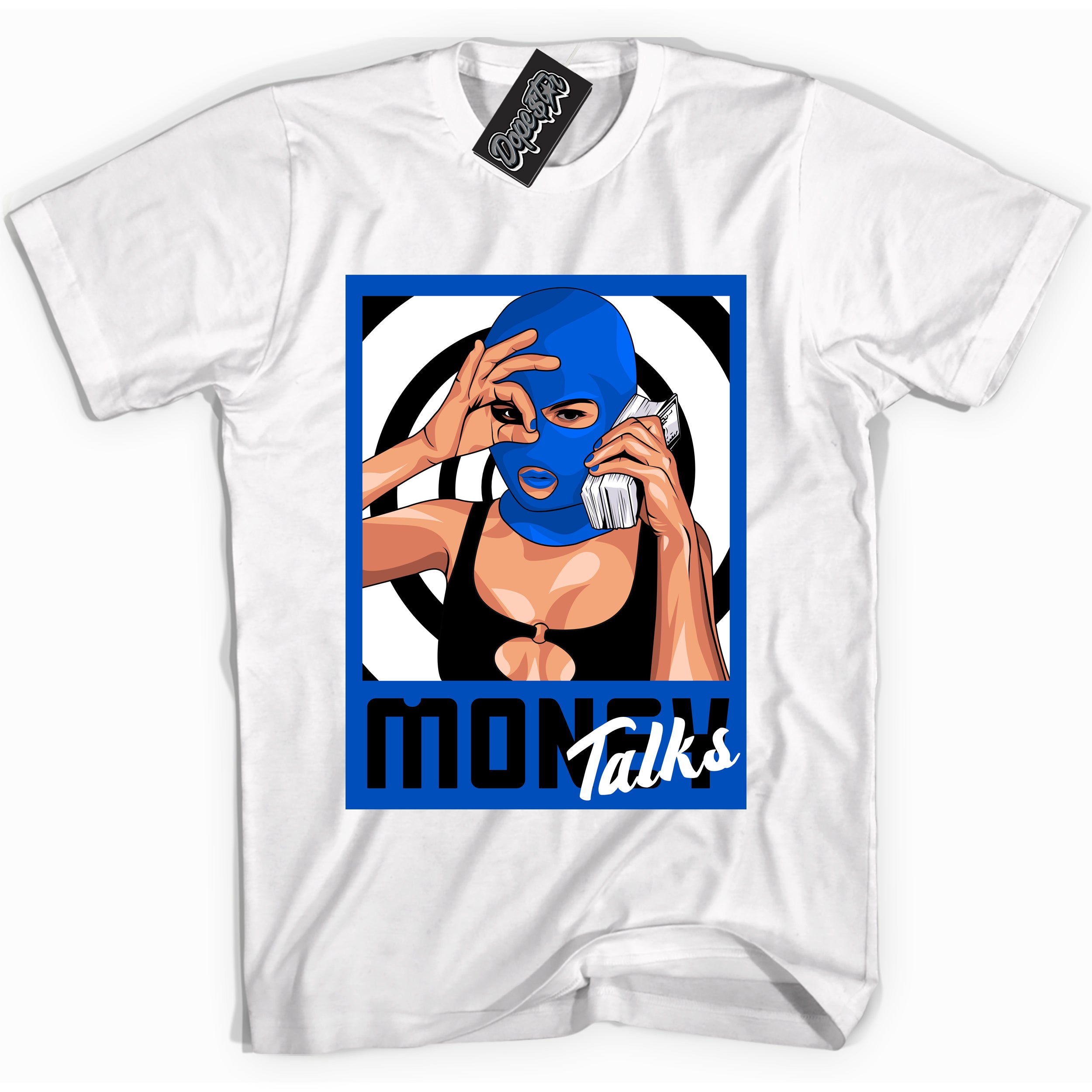 Cool White graphic tee with Money Talks print, that perfectly matches OG Royal Reimagined 1s sneakers 