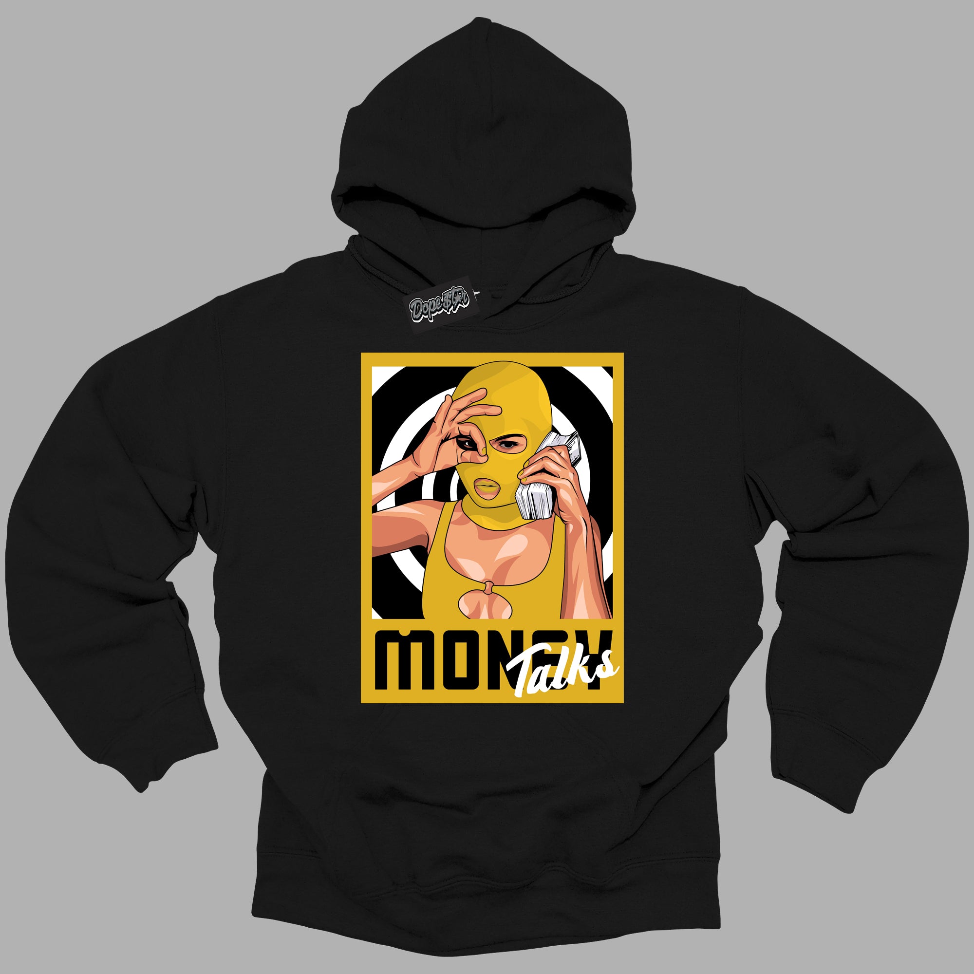 Cool Black Hoodie with “ Money Talks ”  design that Perfectly Matches Yellow Ochre 6s Sneakers.