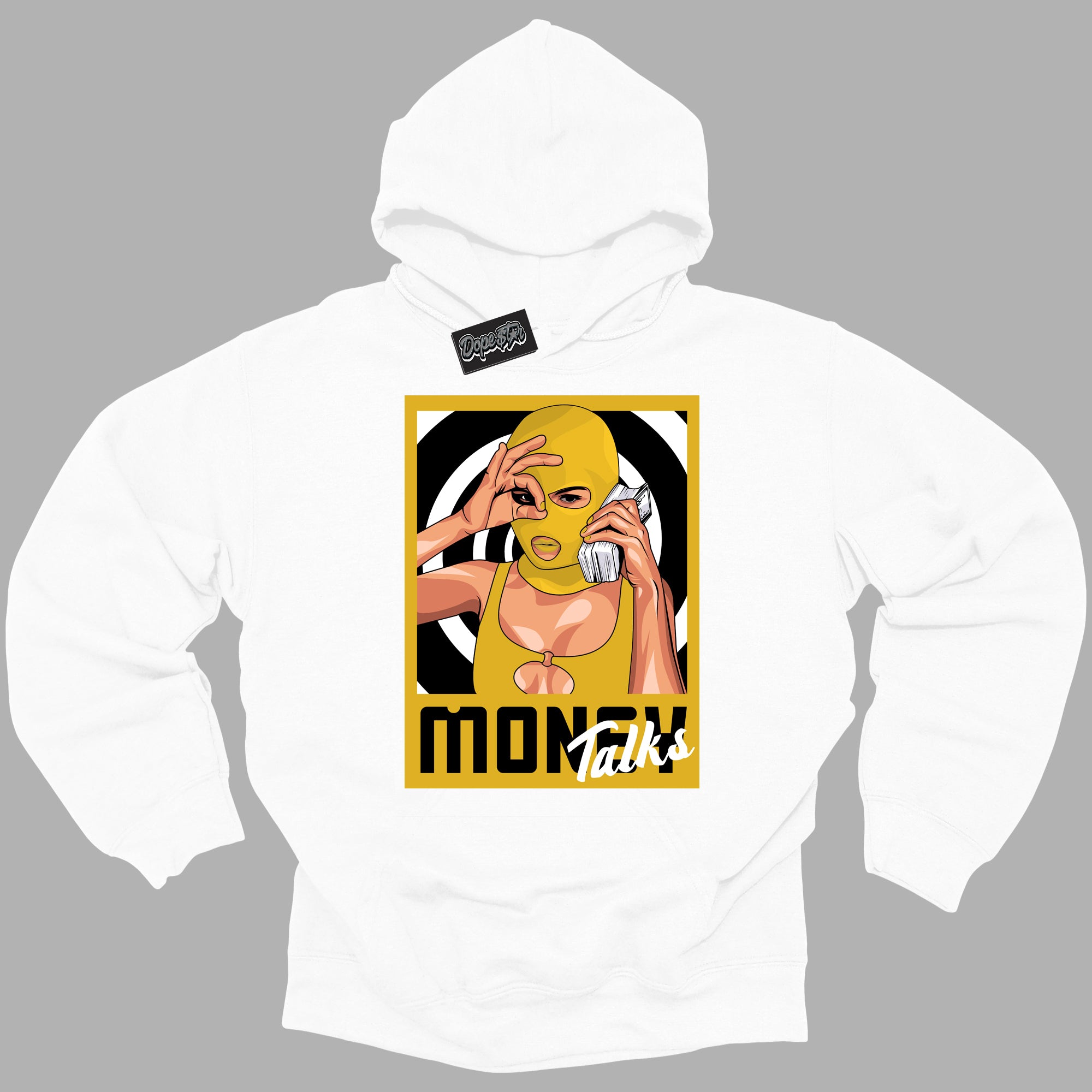 Cool White Hoodie with “ Money Talks ”  design that Perfectly Matches Yellow Ochre 6s Sneakers.