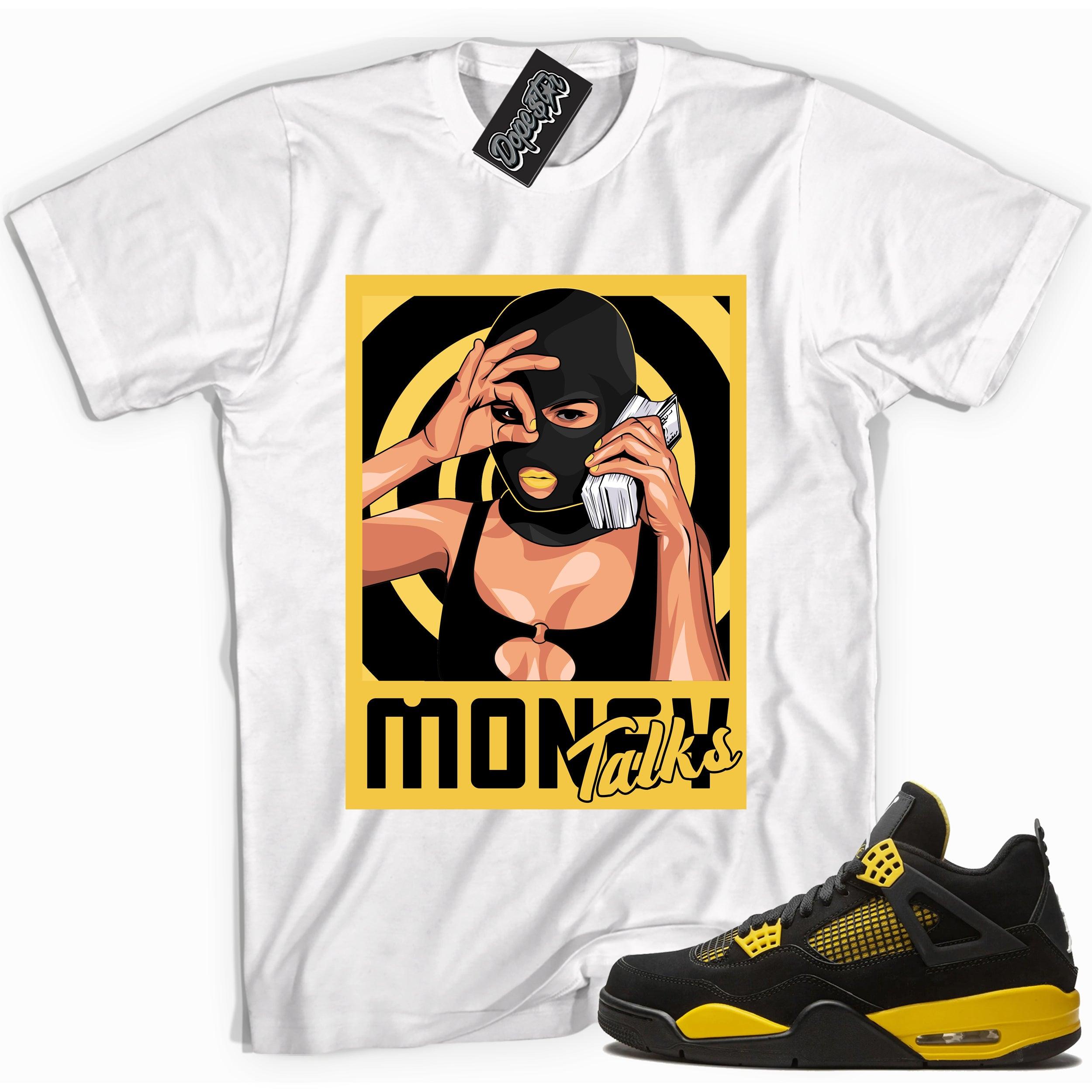 Cool white  graphic tee with 'King' print, that perfectly matches  Air Jordan 4 Thunder sneakers