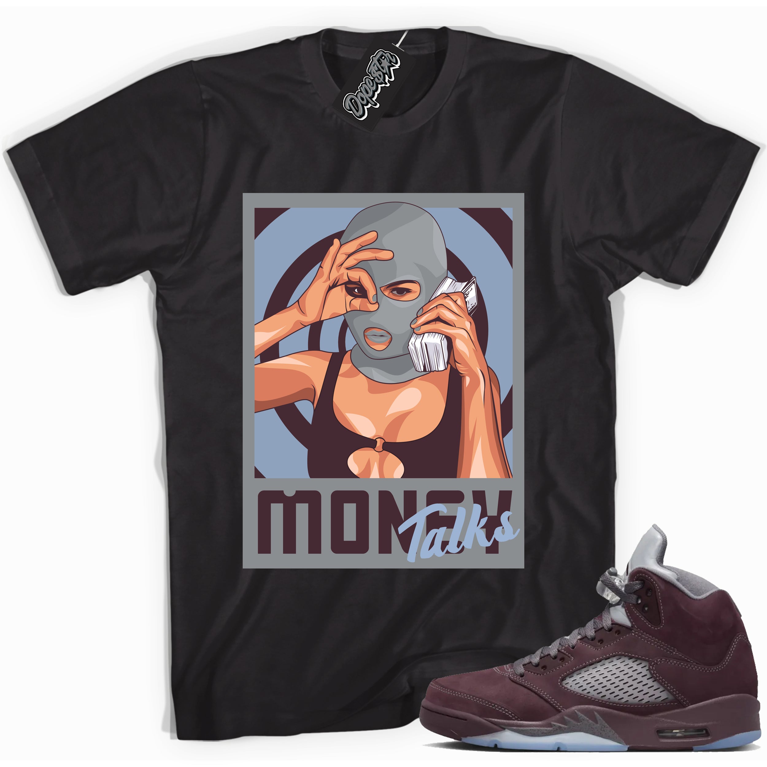 Cool Black graphic tee with “ Money Talks ” print, that perfectly matches Air Jordan 5 Burgundy 2023 sneakers 