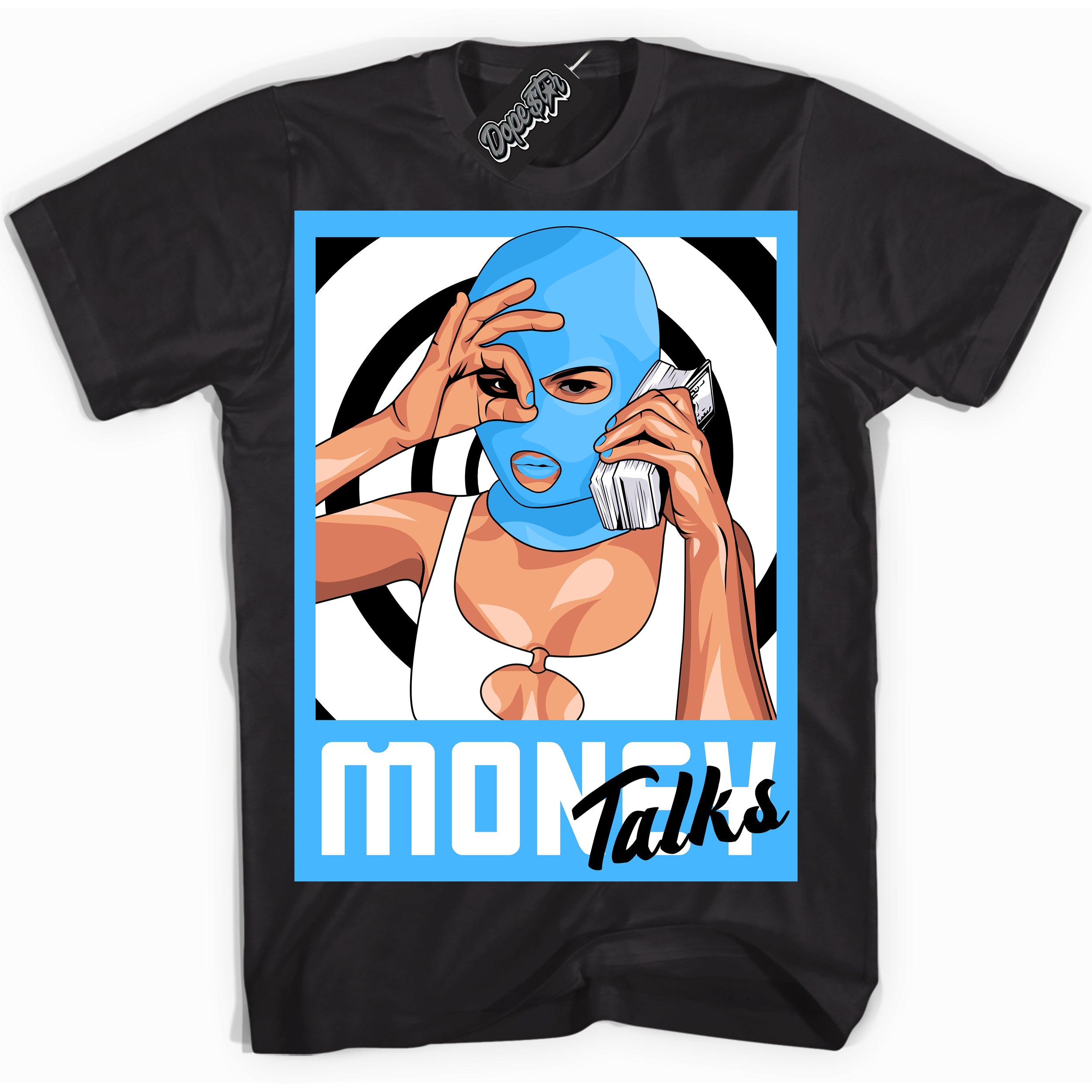 Cool Black graphic tee with “ Money Talks ” design, that perfectly matches Powder Blue 9s sneakers 