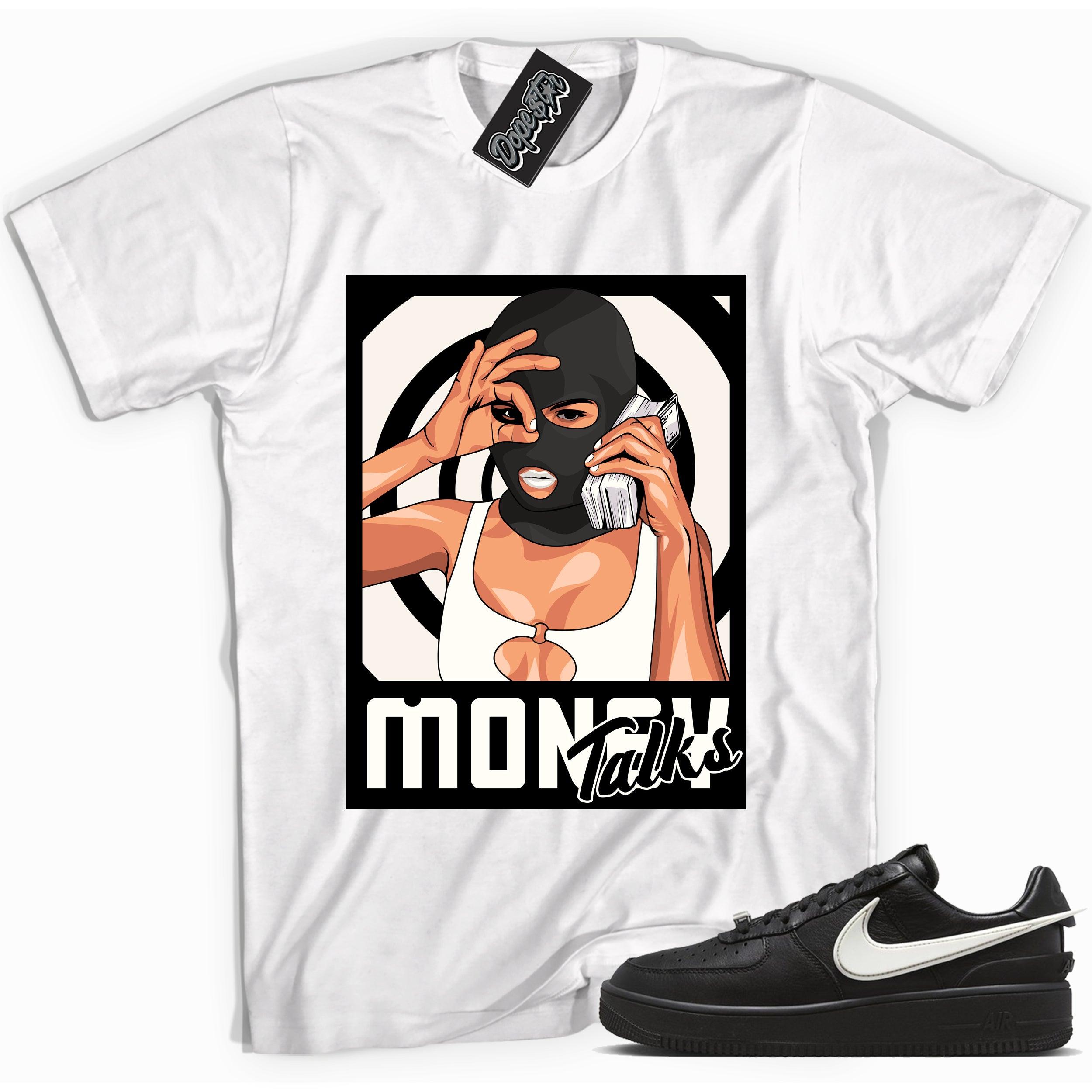 Cool white graphic tee with 'money talks' print, that perfectly matches Nike Air Force 1 Low SP Ambush Phantom sneakers.