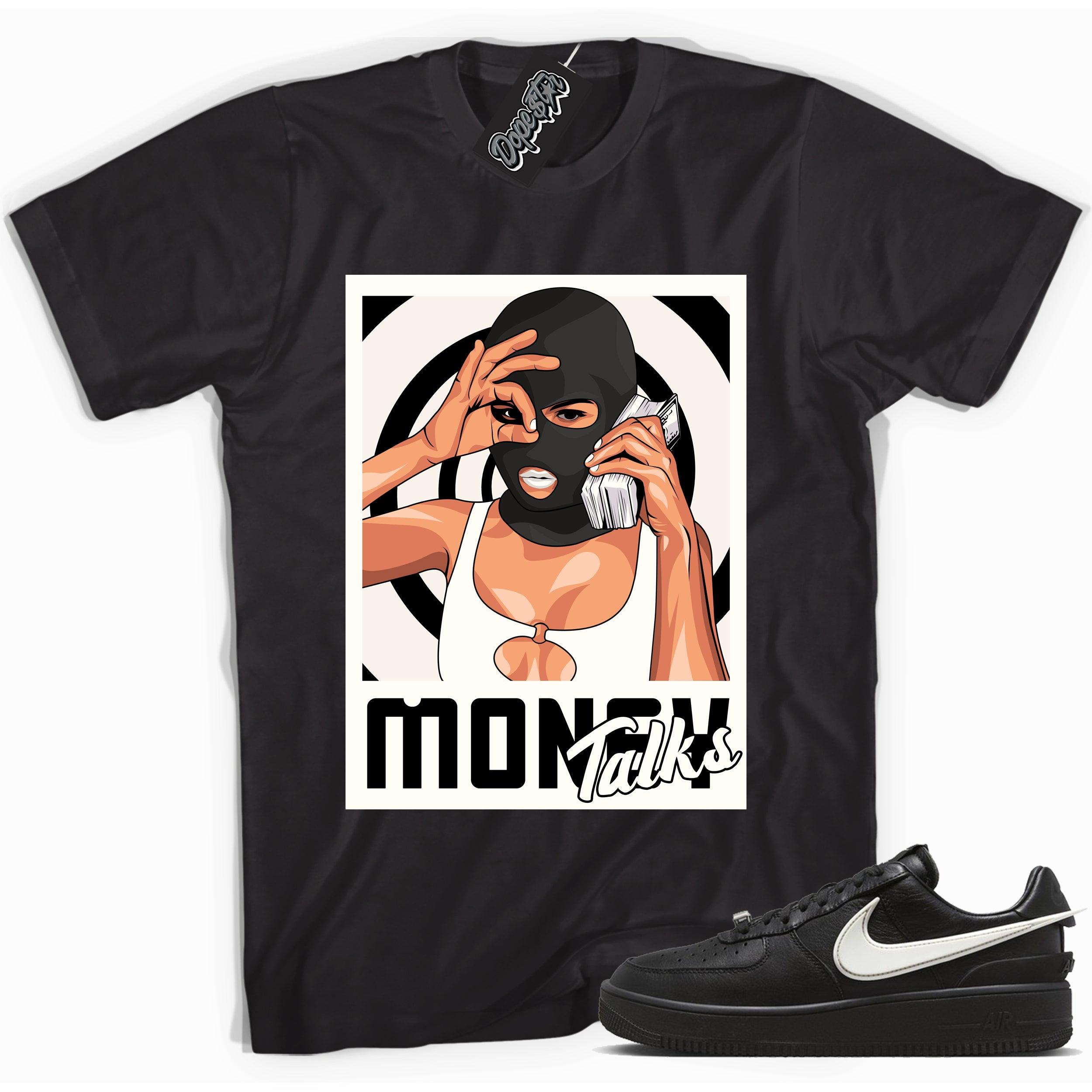 Cool black graphic tee with 'money talks' print, that perfectly matches Nike Air Force 1 Low SP Ambush Phantom sneakers.