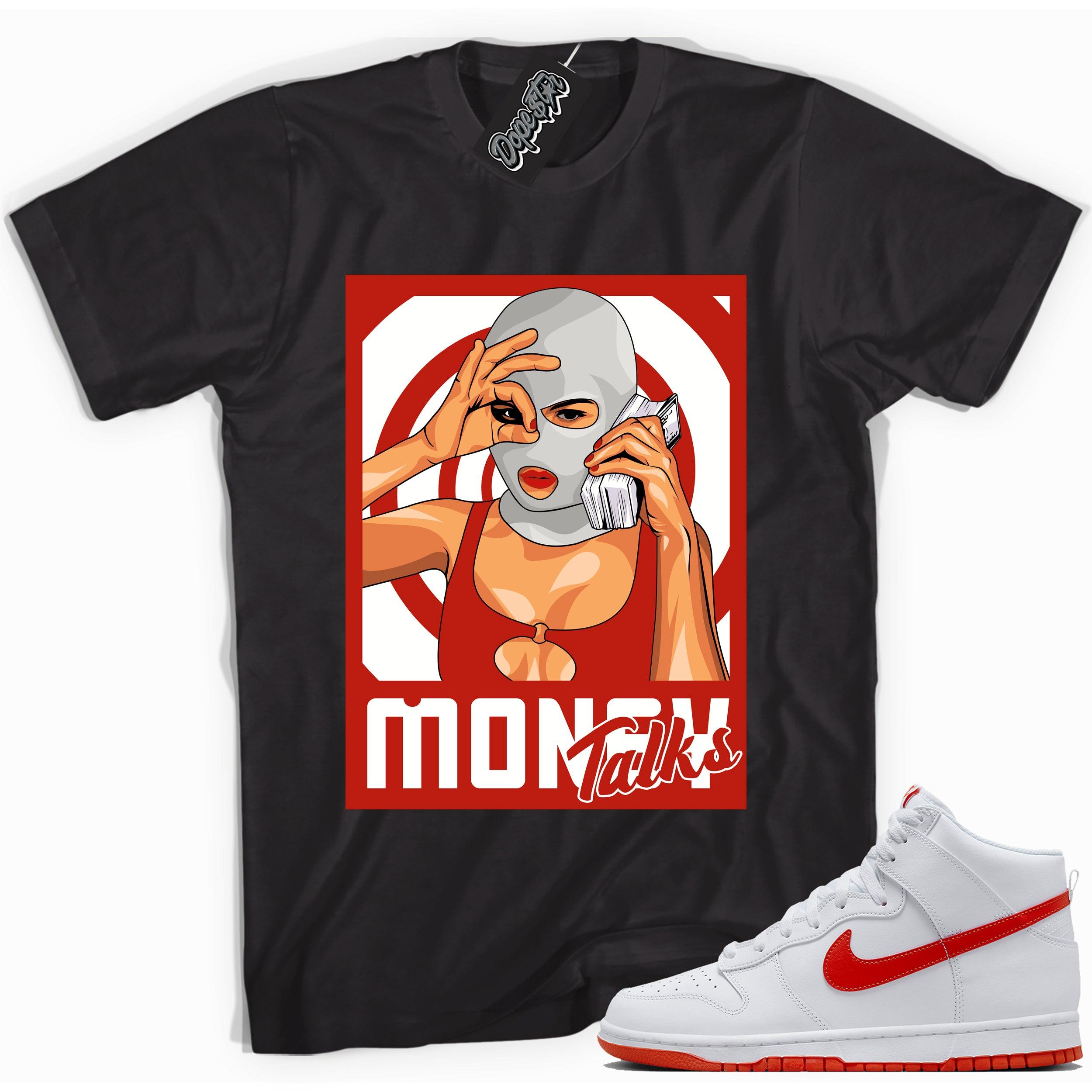 Cool black graphic tee with 'money talks ' print, that perfectly matches Nike Dunk High White Picante Red sneakers.